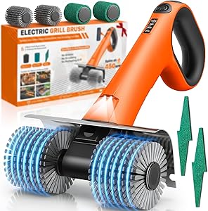 Electric Grill Brush - Dual Rotating Heads Cordless BBQ Grill Cleaner, 450 RPM Motorized Power Grill Cleaning Brush with LED Light, 6-Piece Replaceable Brush Set Safe for Most Outdoor Grill Grates