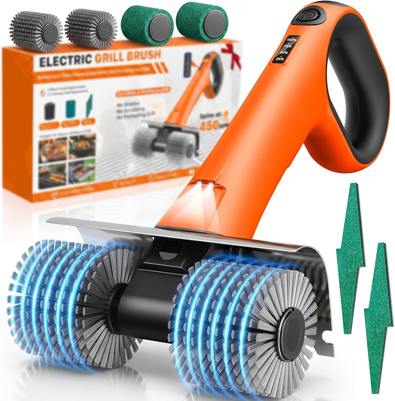 Cepillo eléctrico para parrilla – Limpiador inalámbrico para parrilla de barbacoa con cabezales giratorios duales, cepillo de limpieza motorizado para parrilla de 450 RPM con luz LED, juego de cepillos reemplazables de 6 piezas, seguro para la mayoría de las parrillas al aire libre
