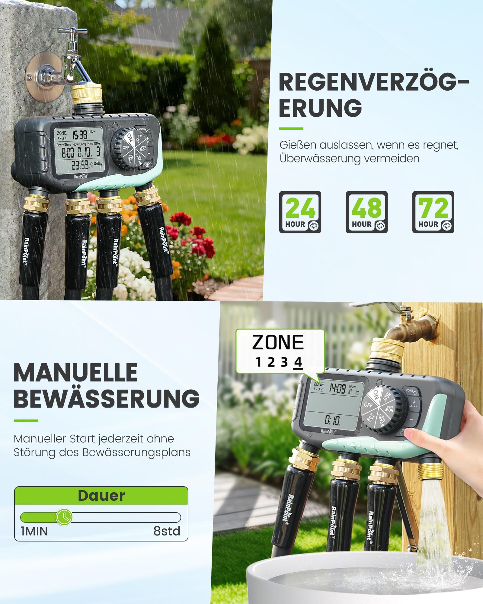 RAINPOINT Bewässerungscomputer 4 Ausgänge, Messing Einlass und Auslass, IP65 Wasserdicht Wasserzeitschaltuhr mit Regenverzögerung/Manueller Bewässerung, Automatische Bewässerung für Rasen und Garten