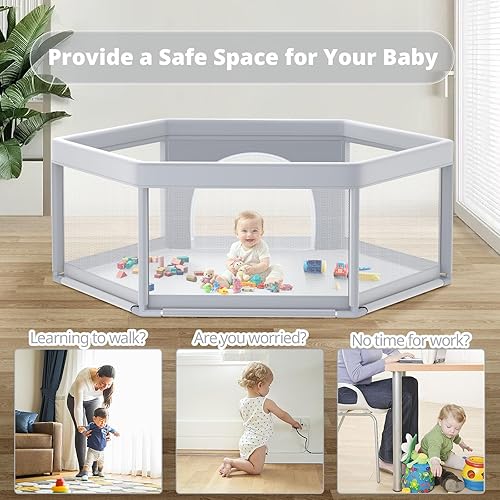 Miniatura 6 de Elegante corralito hexagonal para bebés de 65 x 65 pulgadas, corralito de juego suave para bebés y niños pequeños, patios de juegos seguros