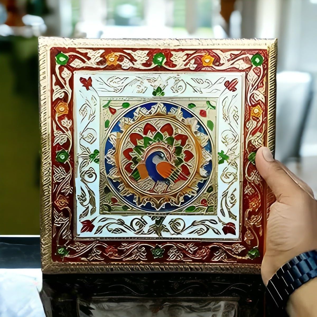 XSOURCE Wooden Bajot Chowki Handcrafted Multicolor Meenakari Artwork Chowki Handmade Meenakari Chowki Bajot Multi Purpose Meenakari Small (15 X 15 CM, Multicolor) SH24 3