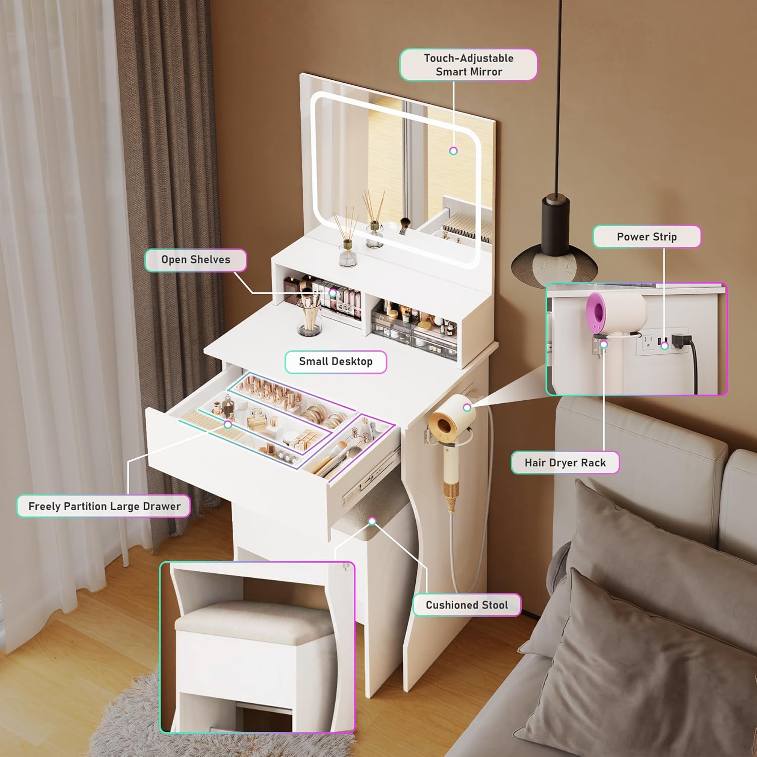 DYHOME Makeup Vanity Desk with RGB Ambient Light, White Small Vanity Set with Power Outlet, Storage Drawer, with 3 Lighting Modes & Adjustable Brightness Vanity Mirror, for Women Girls Bedroom