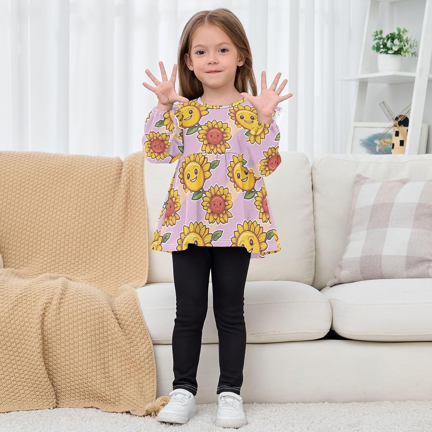 visesunny Toddler Clothes for Girls Cartoon Cute Sunflower Long Sleeve Fall Shirts Cotton Top with Ruffle Collar
