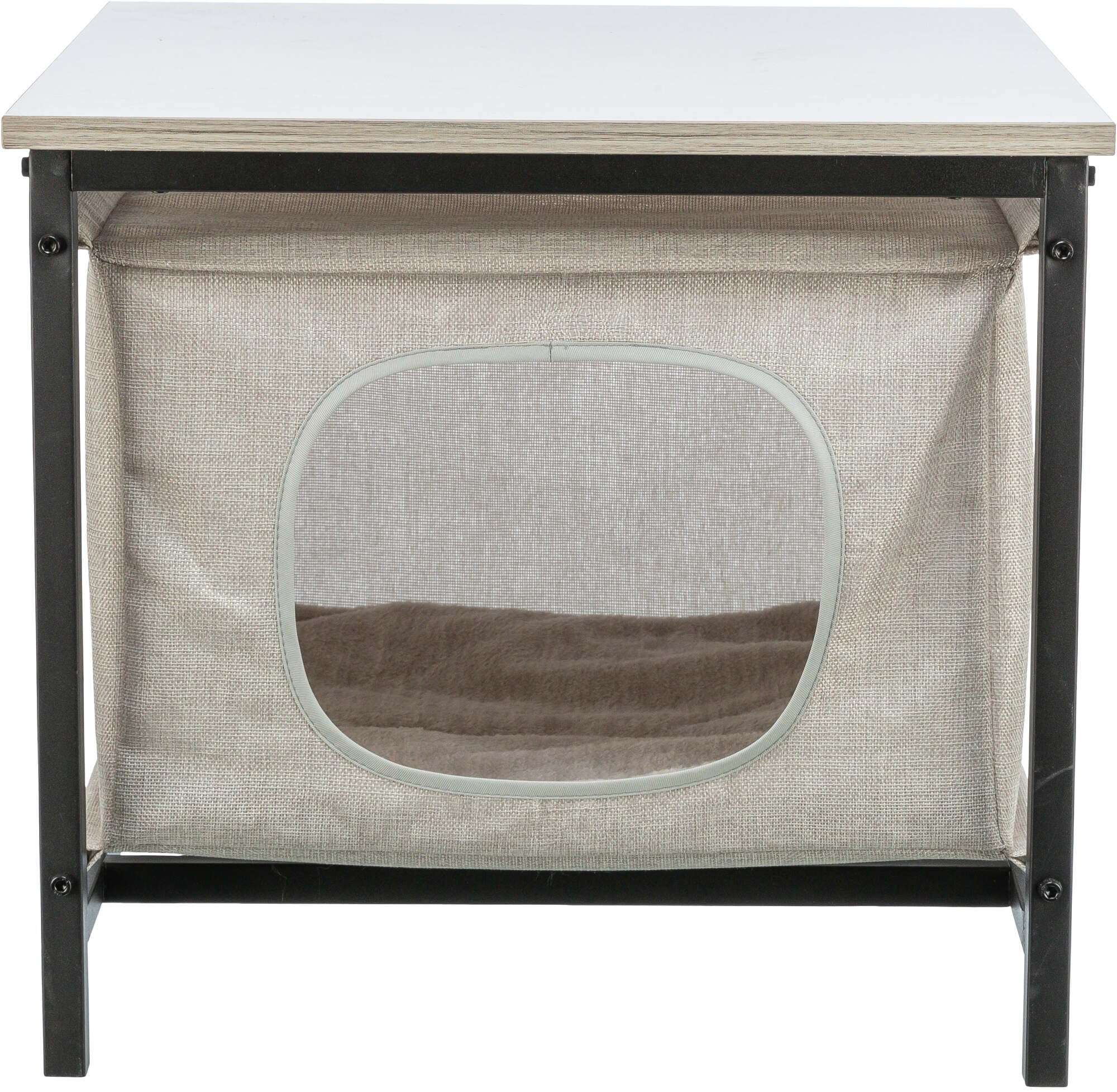 TRIXIE Emmie Indoor Cat Condo, Cozy Cat House with Metal Frame and Sturdy Fabric and Cozy Cushion for Extra Comfort, Classic Style Design, Greige/Gray, Use as a Table & Nightstand