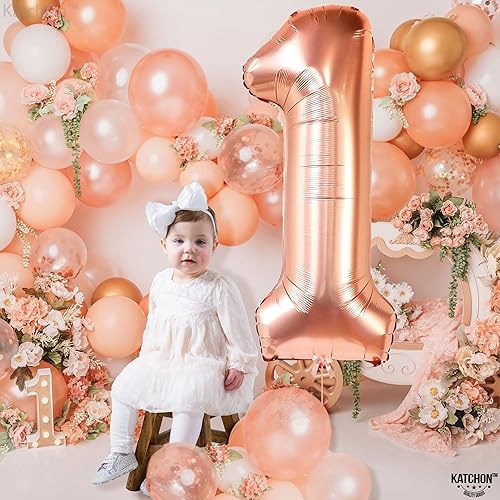Miniatura 5 de KatchOn, Globo de oro rosa con el número 1, paquete de 2, globo número uno, globo de oro rosa  1 globo para decoraciones de primer cumpleaños y