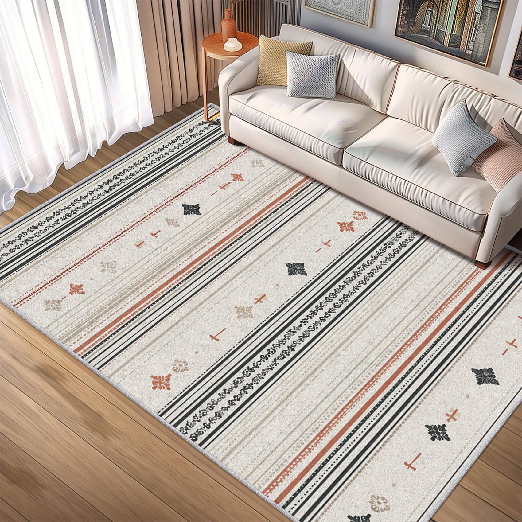 Boho Stripe Rug 4x4 Bedroom Modern Ethnic Pattern Washable Area Rugs for Living Room Boho Stripe Home Decor