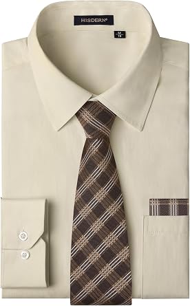 HISDERN 503 Mens Dress Shirt Slim Fit Long Sleeve Button Down Wrinkle Free Set with Tie Pocket Square Formal Business Wedding