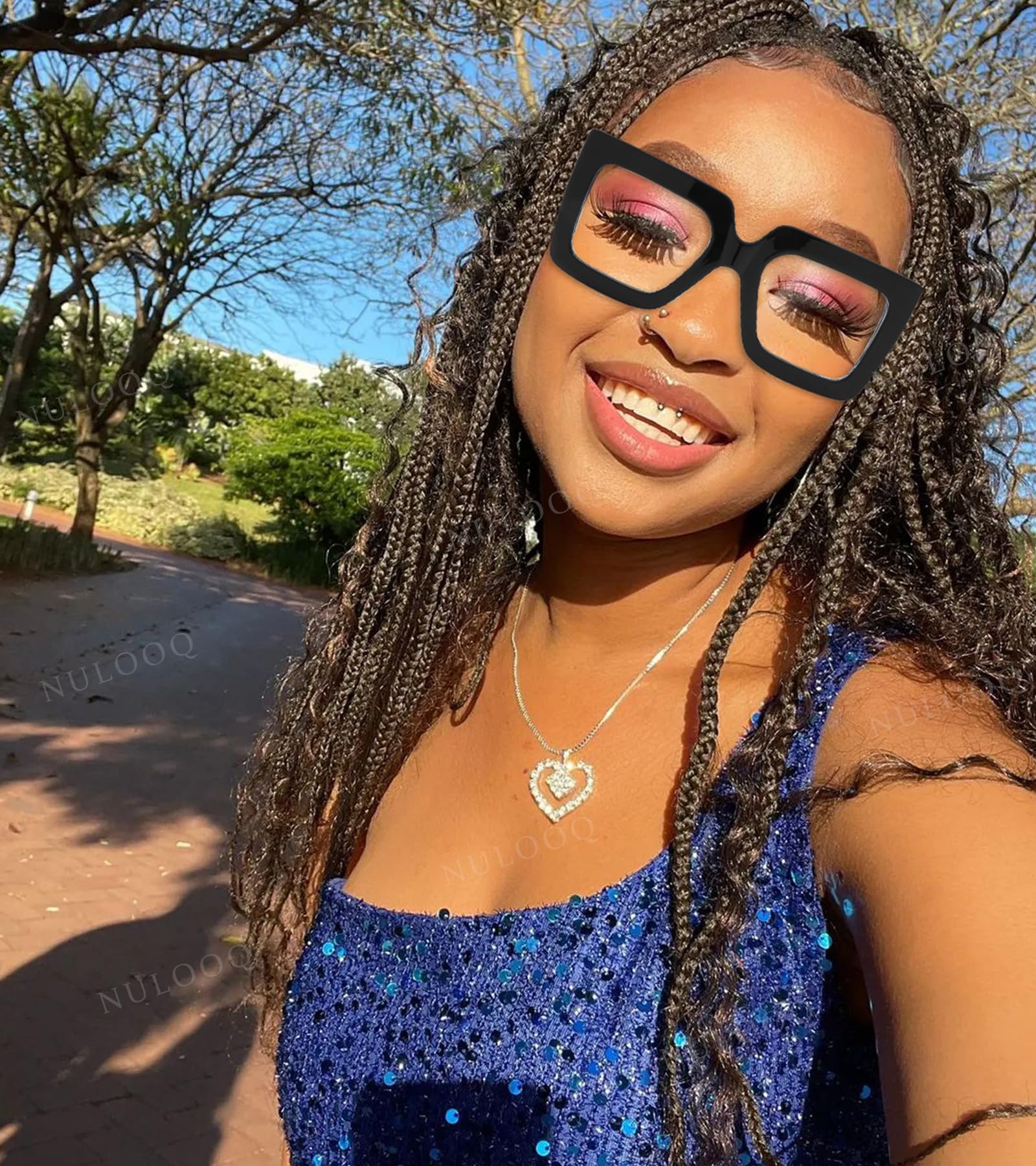 NULOOQ Blue Light Glasses for Women – Stylish Thick Square Oversized Computer Eyewear Non-Prescription Glasses (Black)