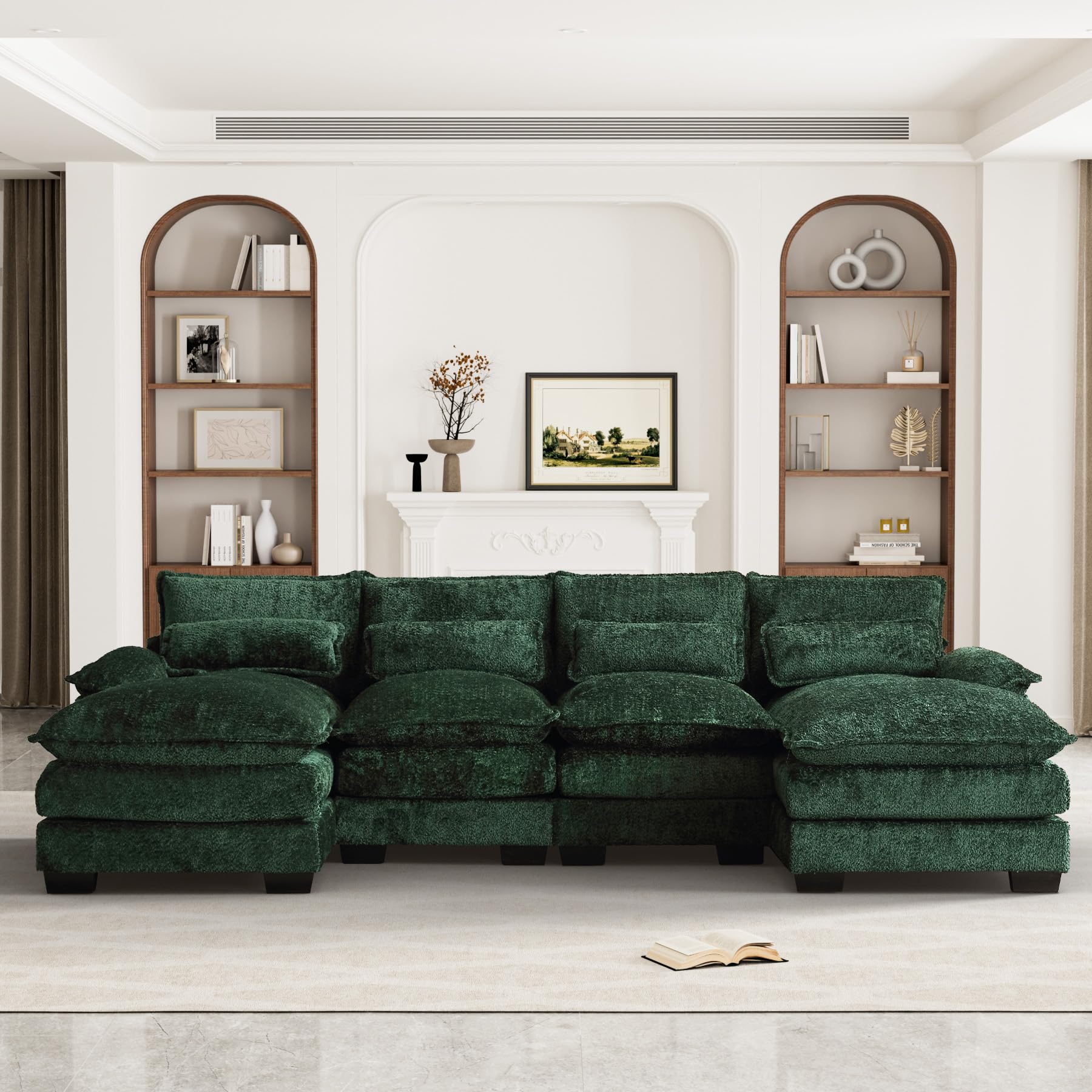 U Shape Sectional Sofa Cloud Couch for Living Room, 110" Modern Chenille Comfy Modular Sofa, 4 Seat Upholstery Sofa Sleeper with Double Chaise & Memory Foam, Emerald Green