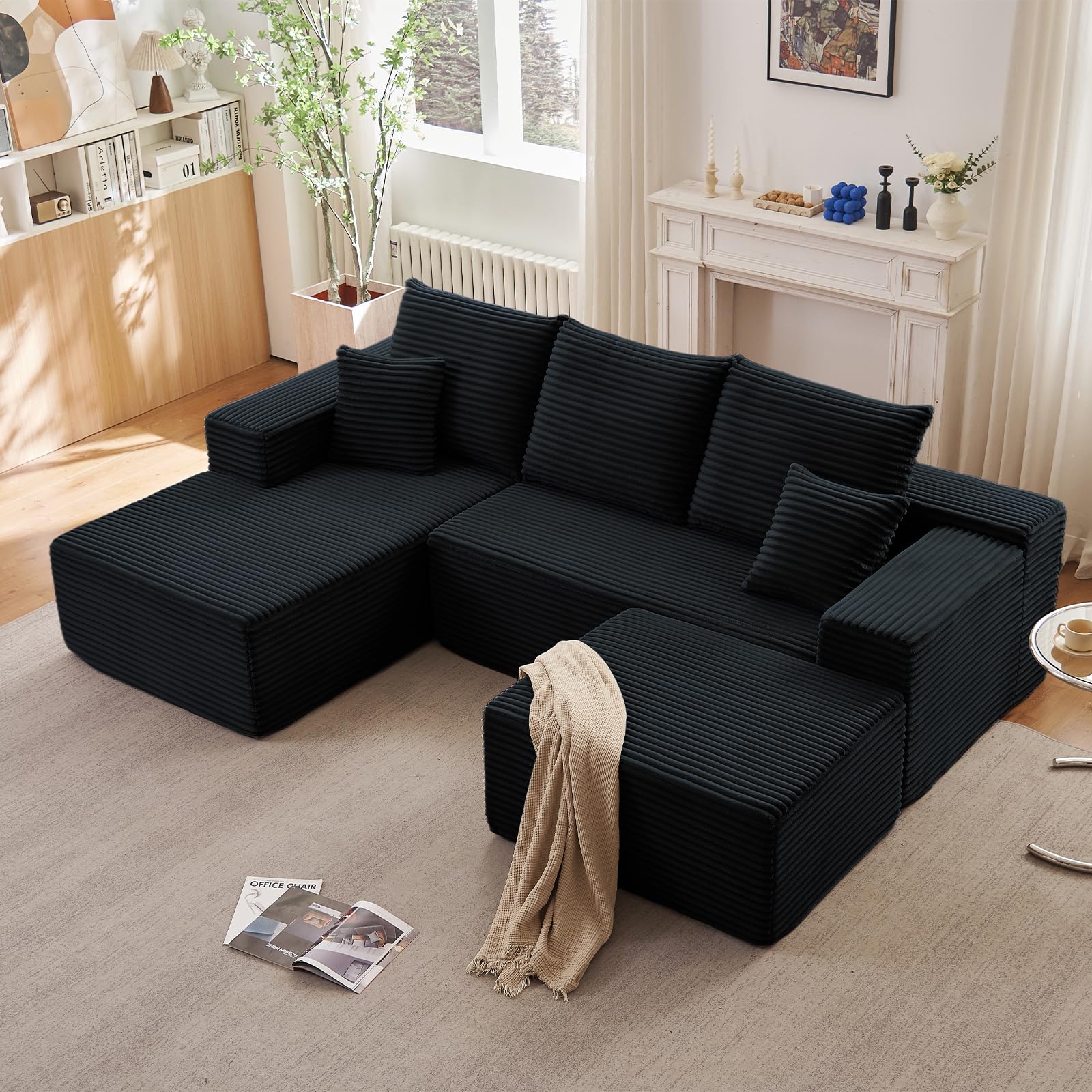 Lakifun 107" L-Shape Sofa with Ottoman, Modern Modular Sectional Comfy U-Shape Cloud Couch, Deep Seat, Upholstered Corduroy Sleeper Chaise Longue for Living Room Bedroom, No Assembly Required, Black