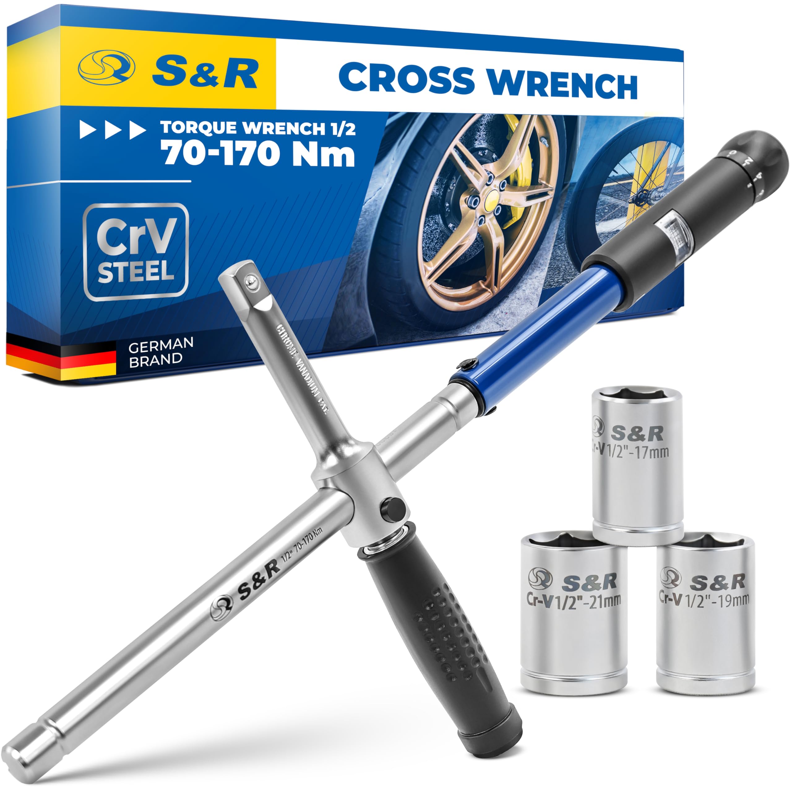 S&R Zestaw kluczy dynamometrycznych, nowy patent, klucz krzyżowy z uchwytem wrzecionowym, 70-170 Nm: 1/2", w tym 3 nasadki 17 mm, 19 mm, 21 mm, ze stali CrV, w solidnej walizce