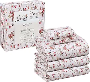 RUVANTI 100% Cotton Split King Sheets Sets for Adjustable Bed, 5 PCs, Soft & Breathable Percale Weave Bedding, Deep Pocket 16", Hotel Standard, Crisp Cool Feel & Durable, Floral Sheet, Bouquet