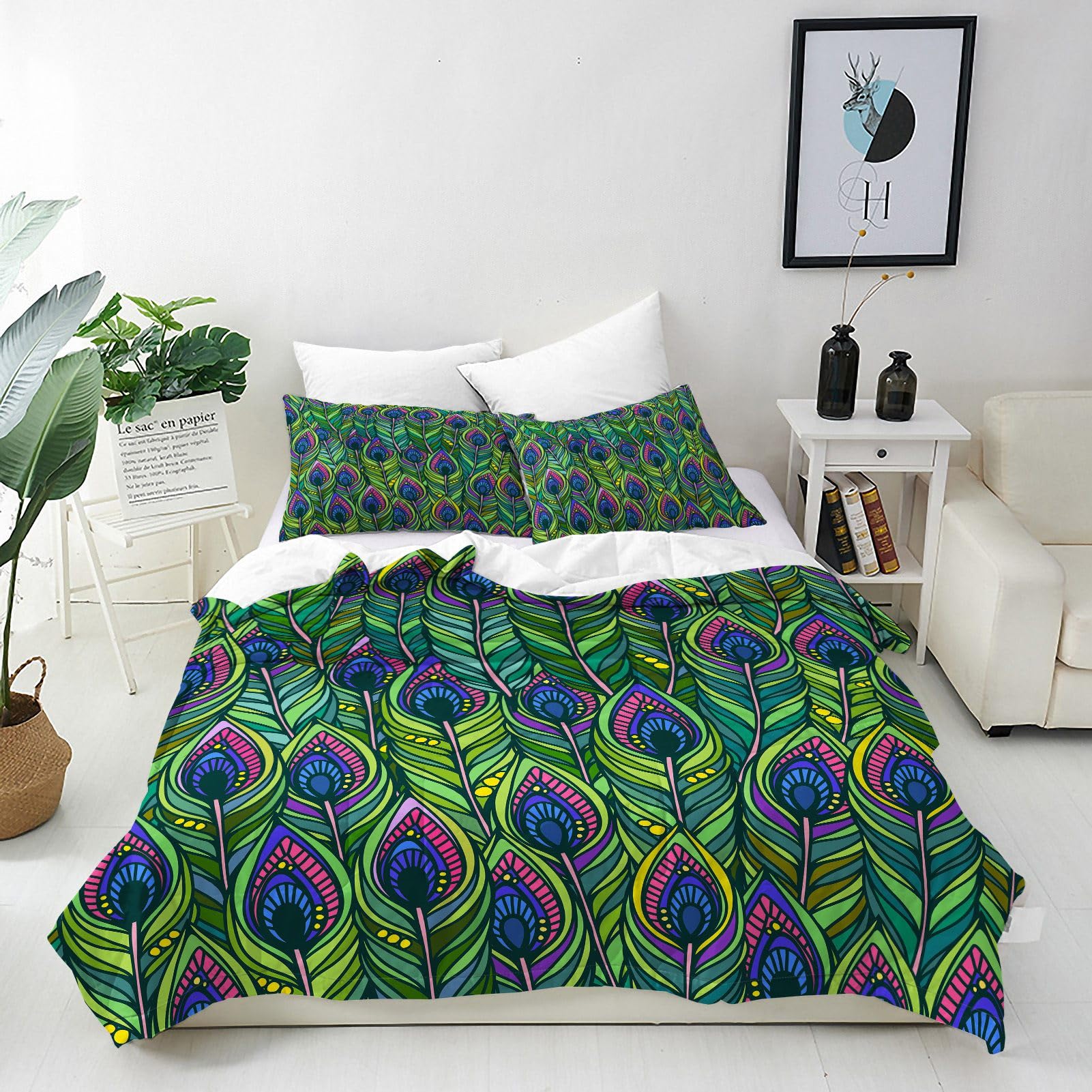 ANHOPE Bohemian Peacock Feather Duvet Cover Set Double 200x200cm