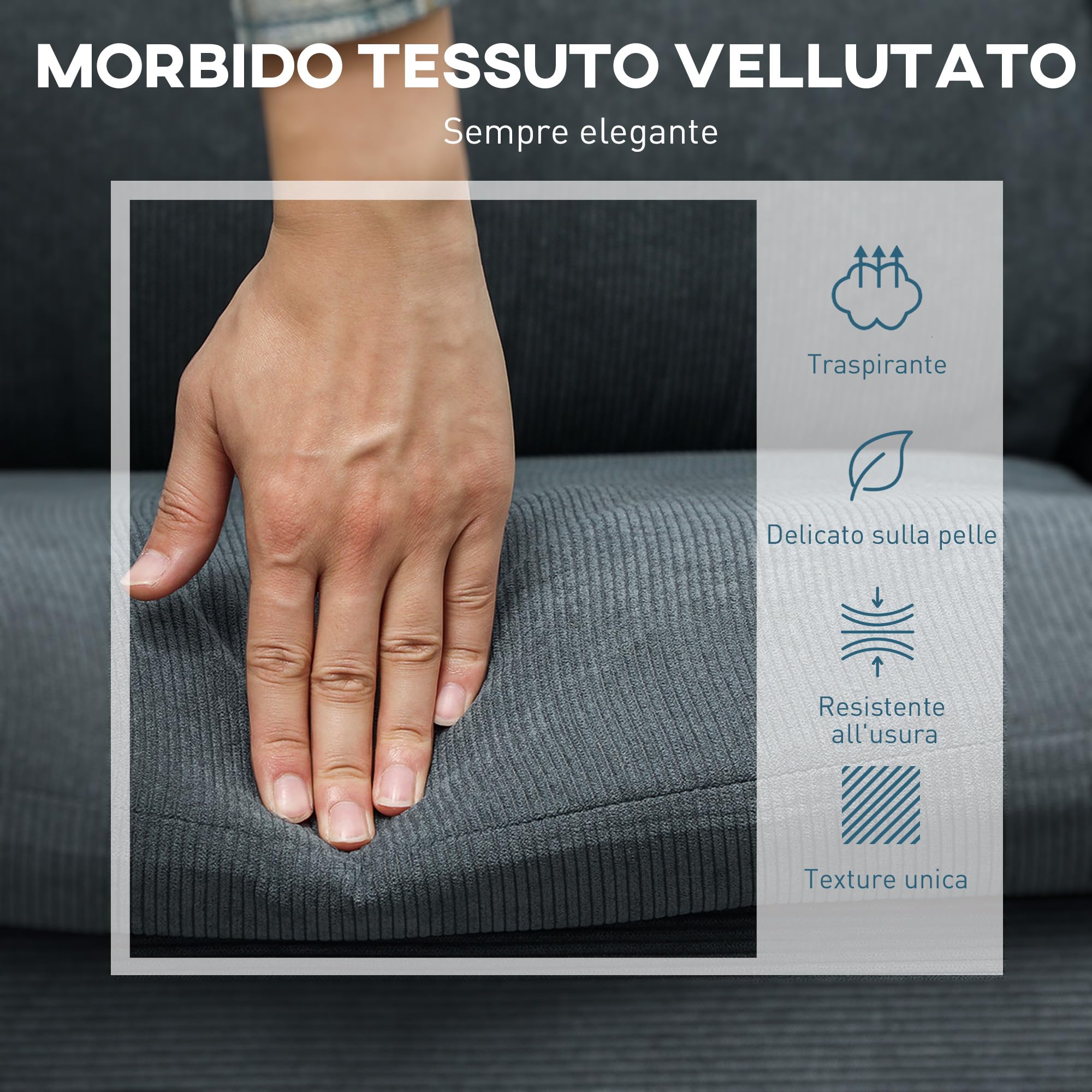 HOMCOM Divano Angolare 3 Posti, Divano ad Angolo con Chaise Longue Reversibile 196x140x88 cm, Divano a L Modulare con Poggiapiedi Rimovibile in Tessuto a Coste per Salotto e Soggiorno, Grigio Carbone