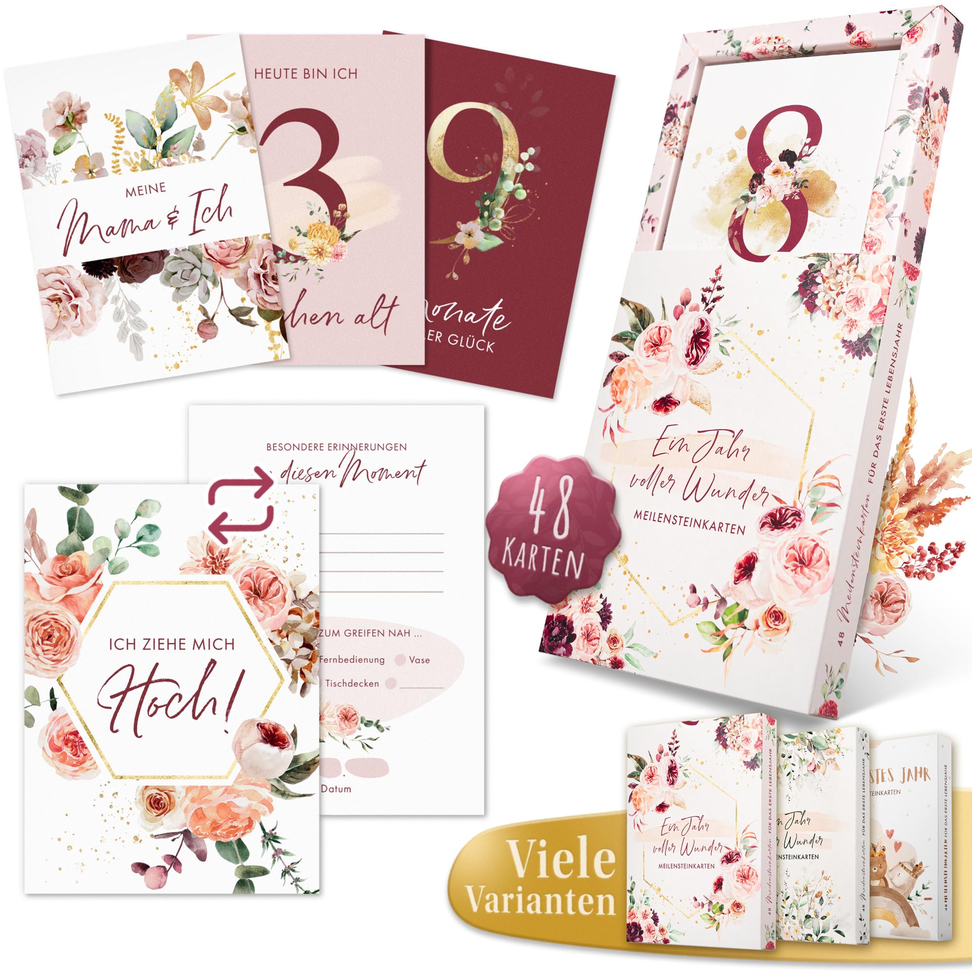 EULENTALER® Meilensteinkarten Baby I Von Pädagogen gestaltet I Meilensteinkarte Set als Geschenk zur Geburt I 48 Karten Inkl. Geschenkbox für Mädchen I Mein erstes Jahr mit allen Meilensteinen