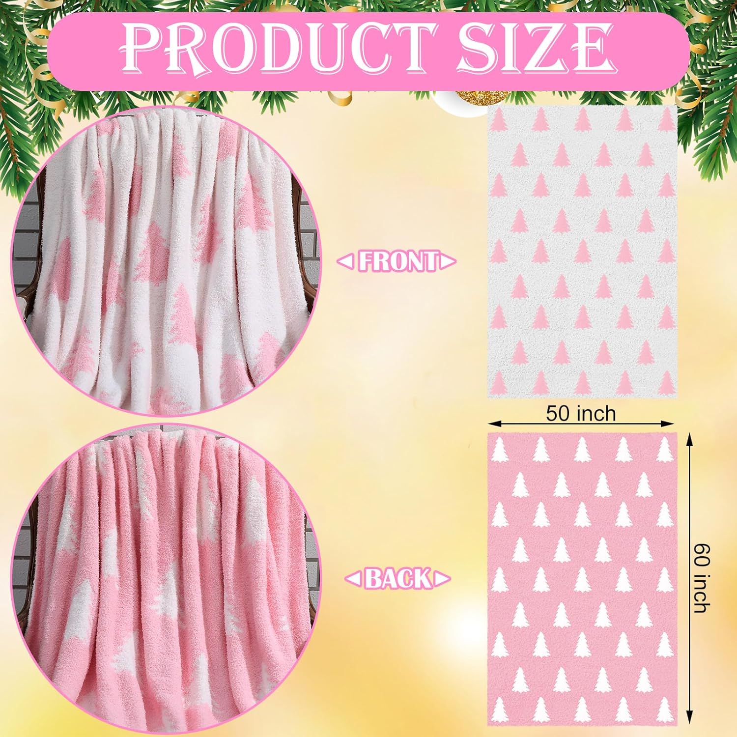 Pink Christmas Tree Throw Blankets and Pillow Gifts Sets Include Pink and White Double Sided Flannel Blanket 50 x 60 Inch and Plush Throw Pillow for Xmas Couch Sofa Bed Home Decorations - Image 3