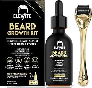 Elevate Beard Growth Serum 5% Minoxidil for Men - Beard Growth Oil with Biotin & Caffeine for Hair Growth - Beard Growth Kit with Roller Minoxidil 5% - Grow a Stronger Thicker Fuller Beard Faster 2oz