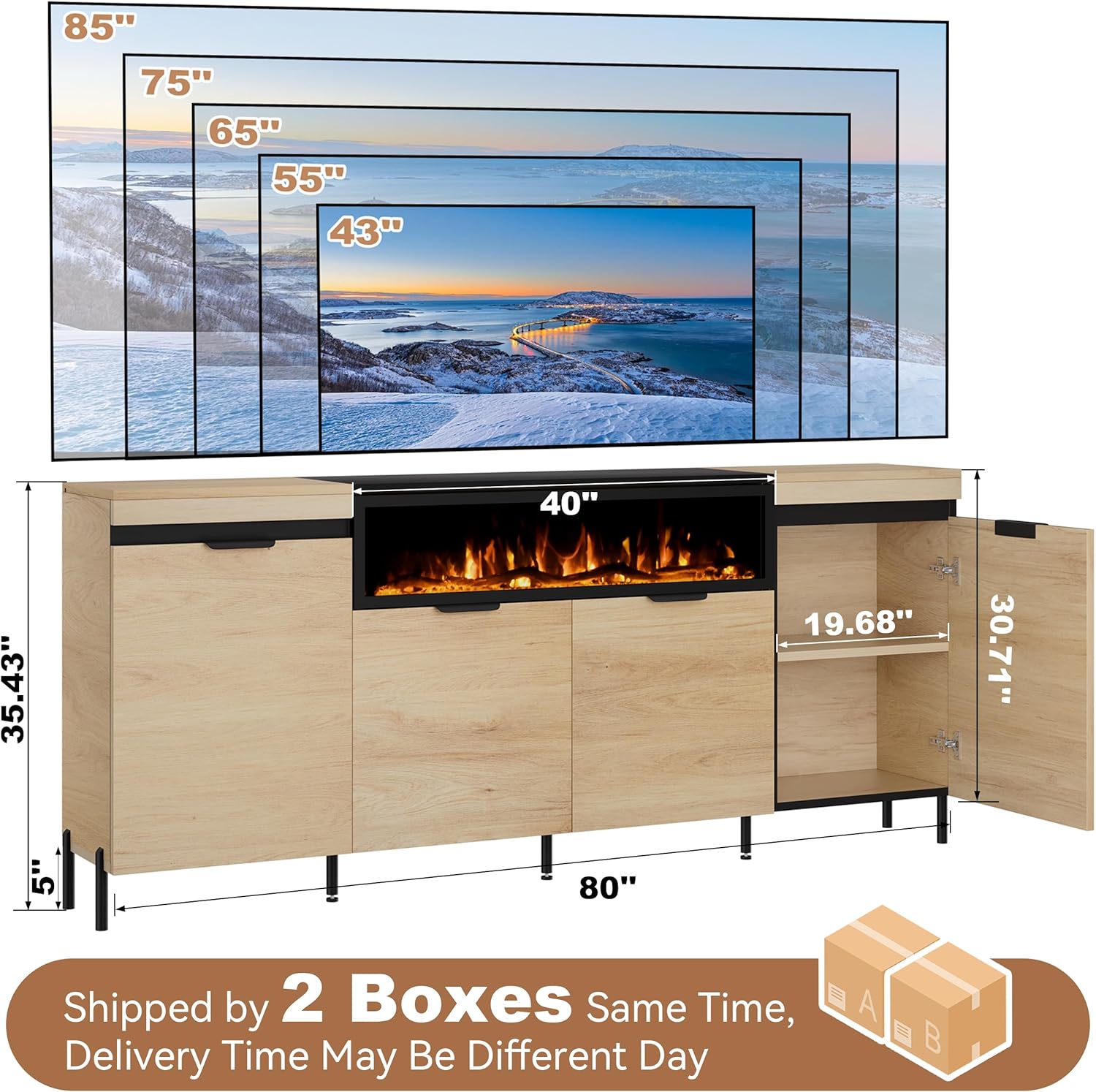 80" Electric Fireplace TV Stand with 40" No Heat Fireplace Insert, 30" Height Modern Media Console for Living Room with 4 Cabinets, Entertainment Center Fits Up to 85" TV, Nature Oak