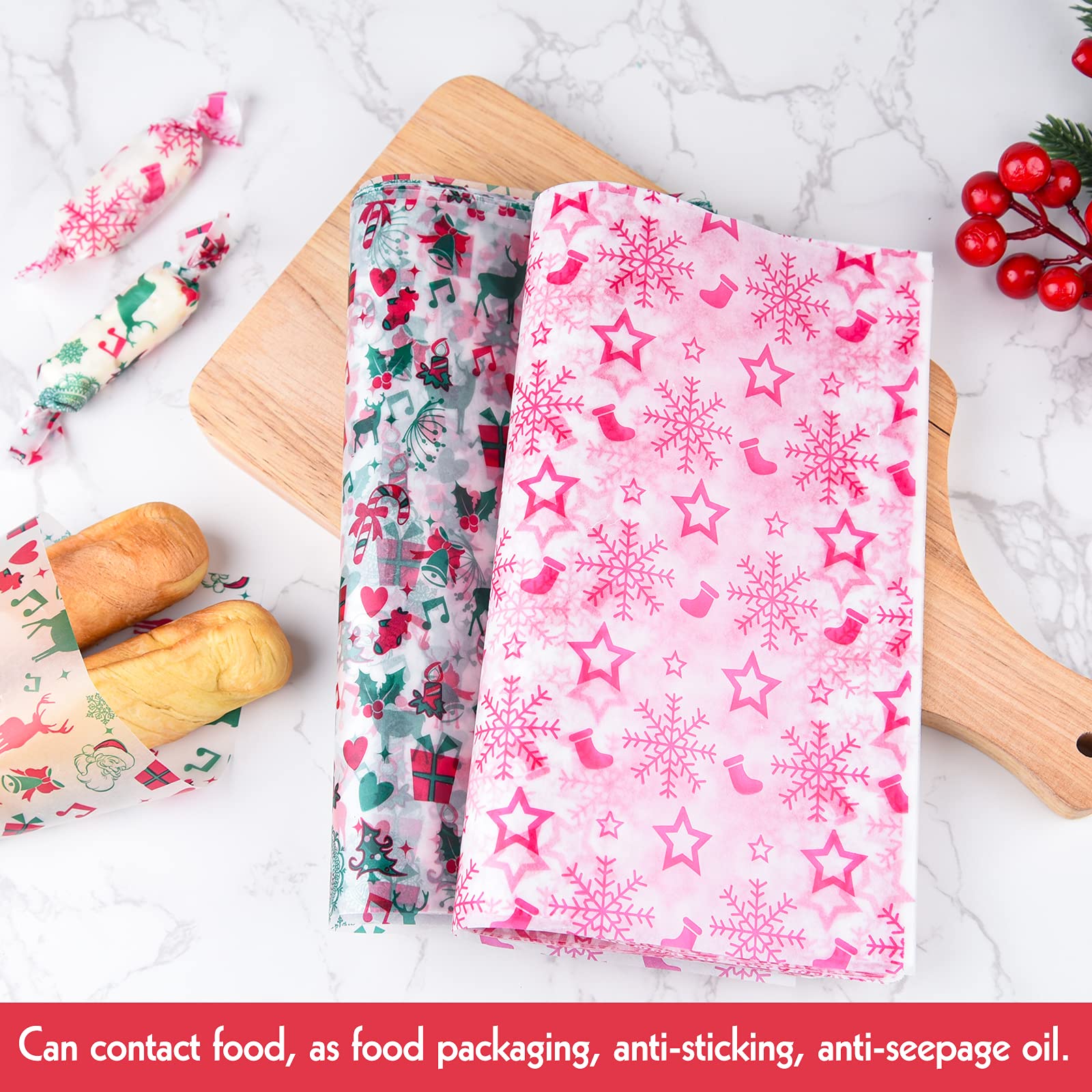 ASTARON 100 pezzi Carta oleata di Natale per l'involucro del cibo, Carta oleata per caramelle, biscotti, panini, carta da imballaggio per alimenti fritti, fodera per cestini