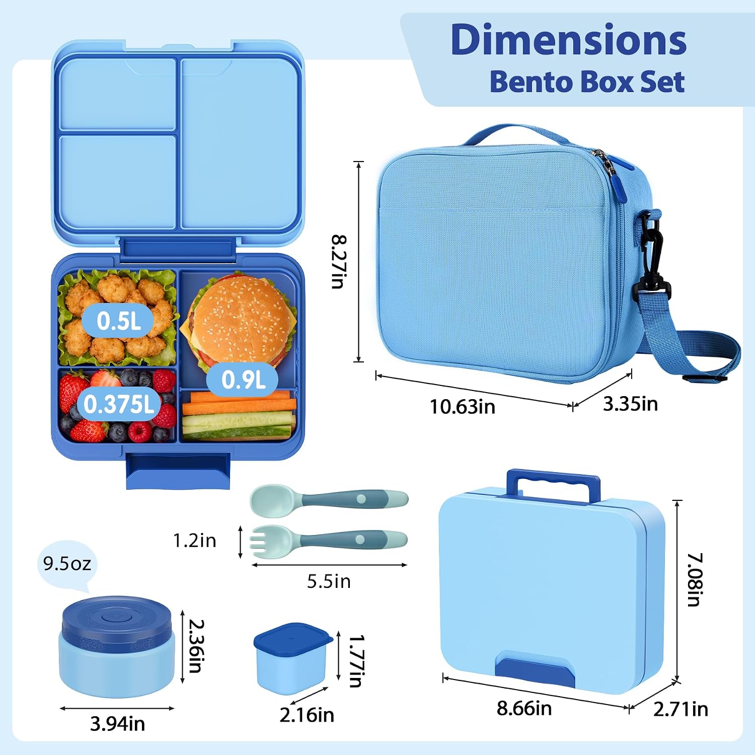 Kids Bento Lunch Box Set with 9.5oz Soup Thermo, Leak-Proof Lunch Food Containers with 3 Compartment and Removable Inner Tray, Insulated Hot Food Jar with Lunch Bag for School, Office, Blue