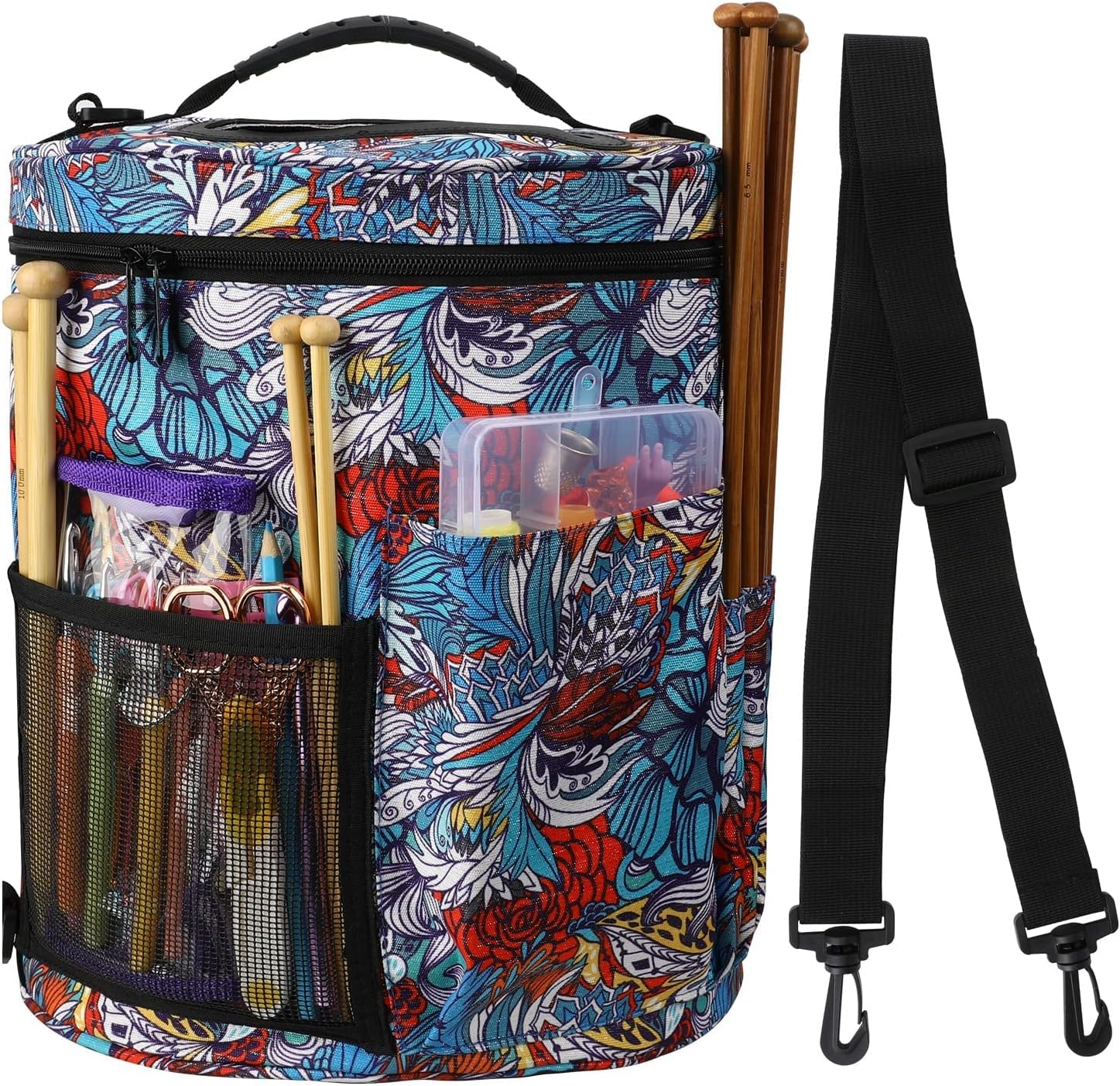 KOKNIT Portable Knitting & Crochet Storage Bag, Yarn Organizer Tote with Cover and Shoulder Strap for Yarn, Unfinished Projects, Various Needles and Other Supplies