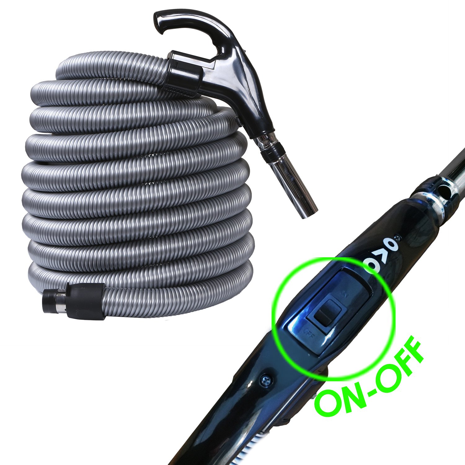 OVO Central Vacuum 50 ft Low-Voltage Hose, ON/OFF Switch At the Handle, Universal to fit most inlets, Crushproof and Prevent kinking