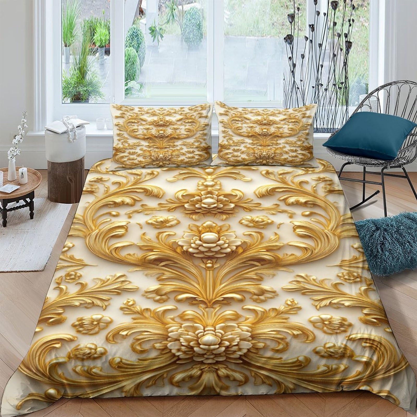 Ctjqhvkz Style-4 3D Printed Baroque Gold Fitted Sheet Microfiber Soft Ornate Pattern Bed Cover For Bedroom Guest Room Decor Single（135X200cm）