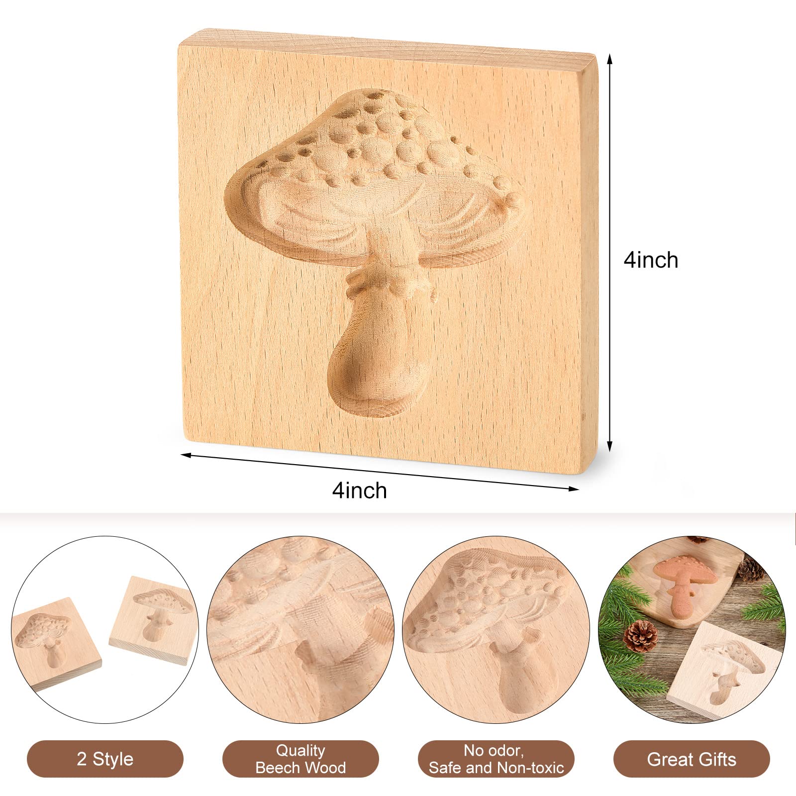 Meanplan Carved Wooden Cookie Mold, Baking Embossing Cookies Stamp Mold Cutter Funny 3D Heart Wood Rose Dessert Tools for Christmas Kitchen DIY Baking Tools (Heart Rose)(Mushroom)