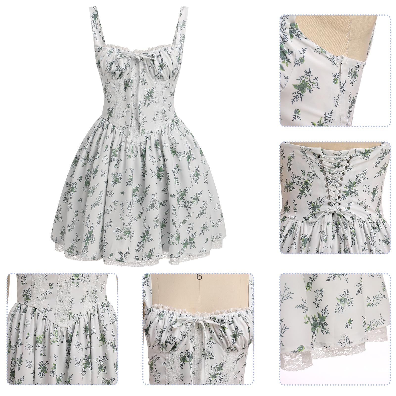 Women's Short Corset Sundress Boho Mini Dress Sleeveless Backless Low Cut Lace Dress Summer: Small White Green Leaves