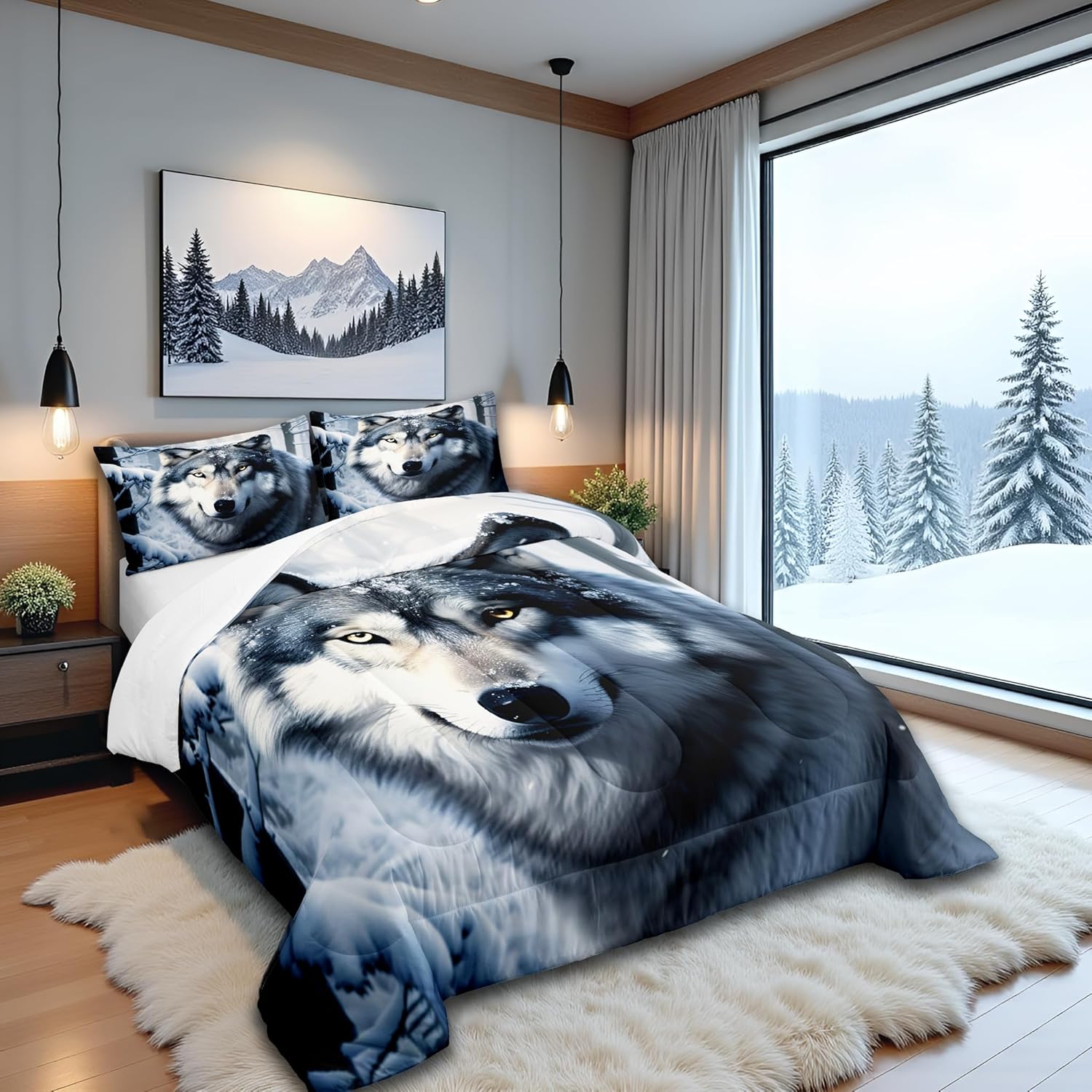 Castle Fairy Wolf Comforter Set Queen Size,Nature Wild Animals Quilt Set 3pcs,3D Print Winter Snow View Bedding Set for Kids Teens Adults Home Decor,White Black Microfiber with 2 Pillowcases