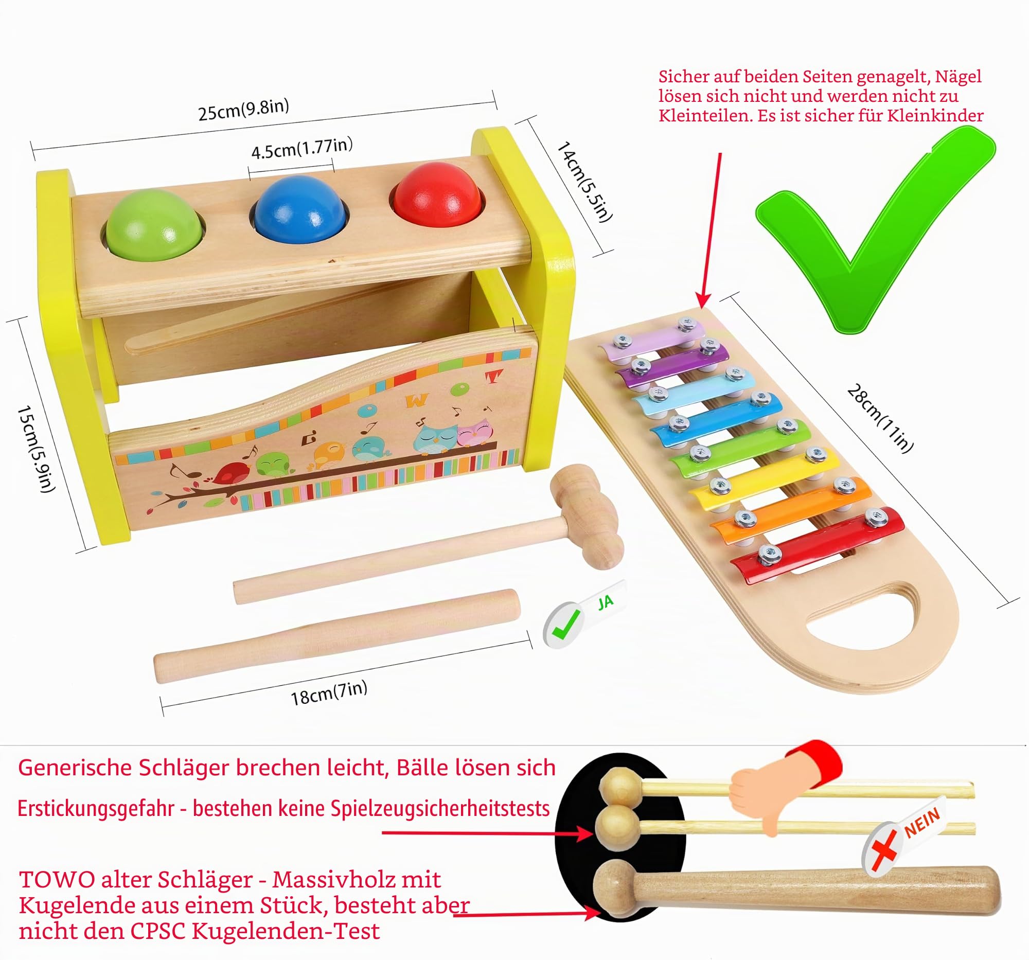 TOWO Hölzernes Hammerkugel- Xylophon-Set – Schlägel und Stifte die eine Kugel Schlagen Klopfbank – Spielzeug für Babys 1 Jahr alt Kleinkind – kleines motorisches musikalisches Spielzeug für Kinder