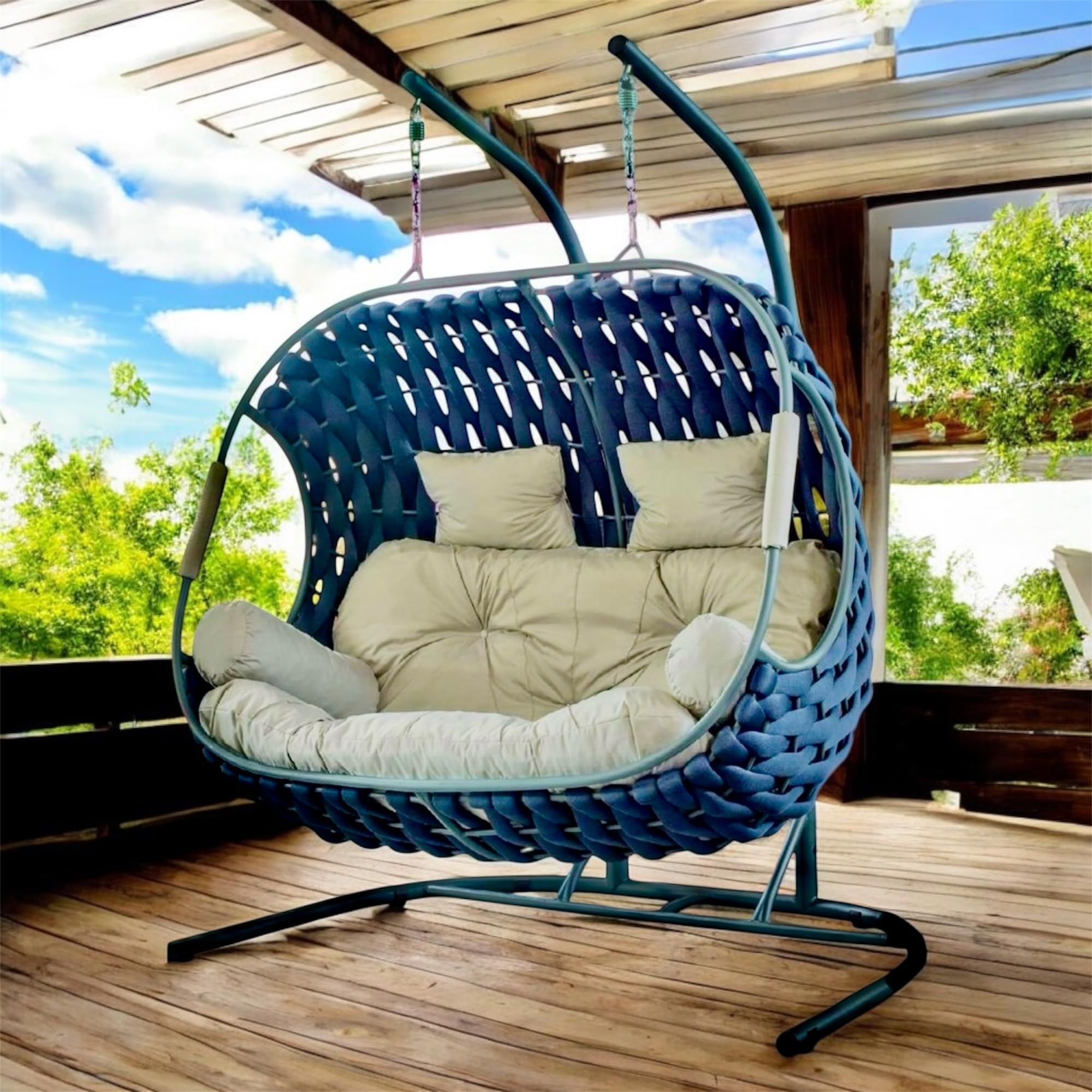 Hindoro Wrought Iron Braided Rope Double Seater Swing with Stand and Cushion for Outdoor Patio Balcony Garden Terrace Porch Living Room Chair, Powder Coated Luxury Furniture (Dark Brown, XXL)-image-35