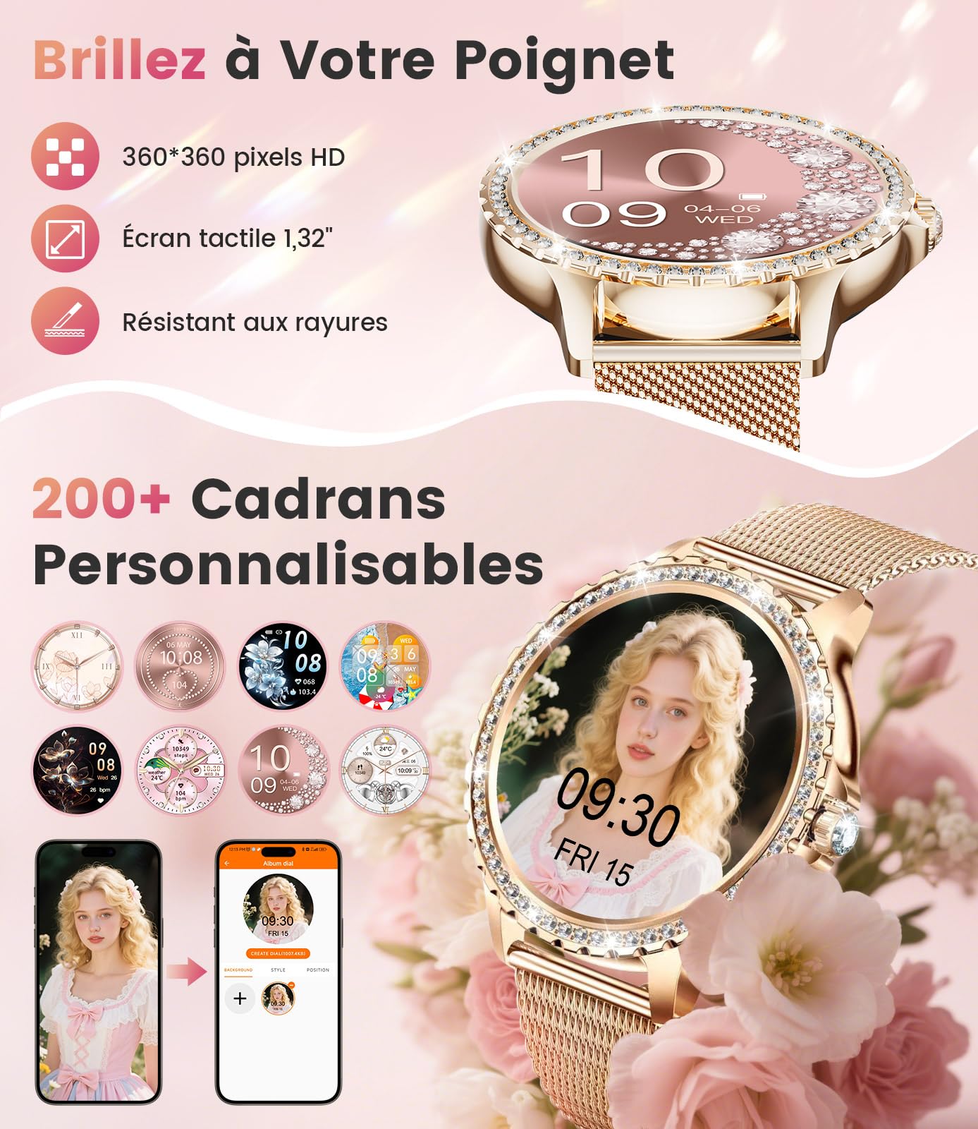 LIGE 1.32" HD Montre Connectée Femme avec Appel Bluetooth, Smartwatch IP68 avec Fonction Féminine/120+ Modes Sport/Fréquence Cardiaque/Sommeil/Cycle menstruel/Podomètre Calories pour Android iOS