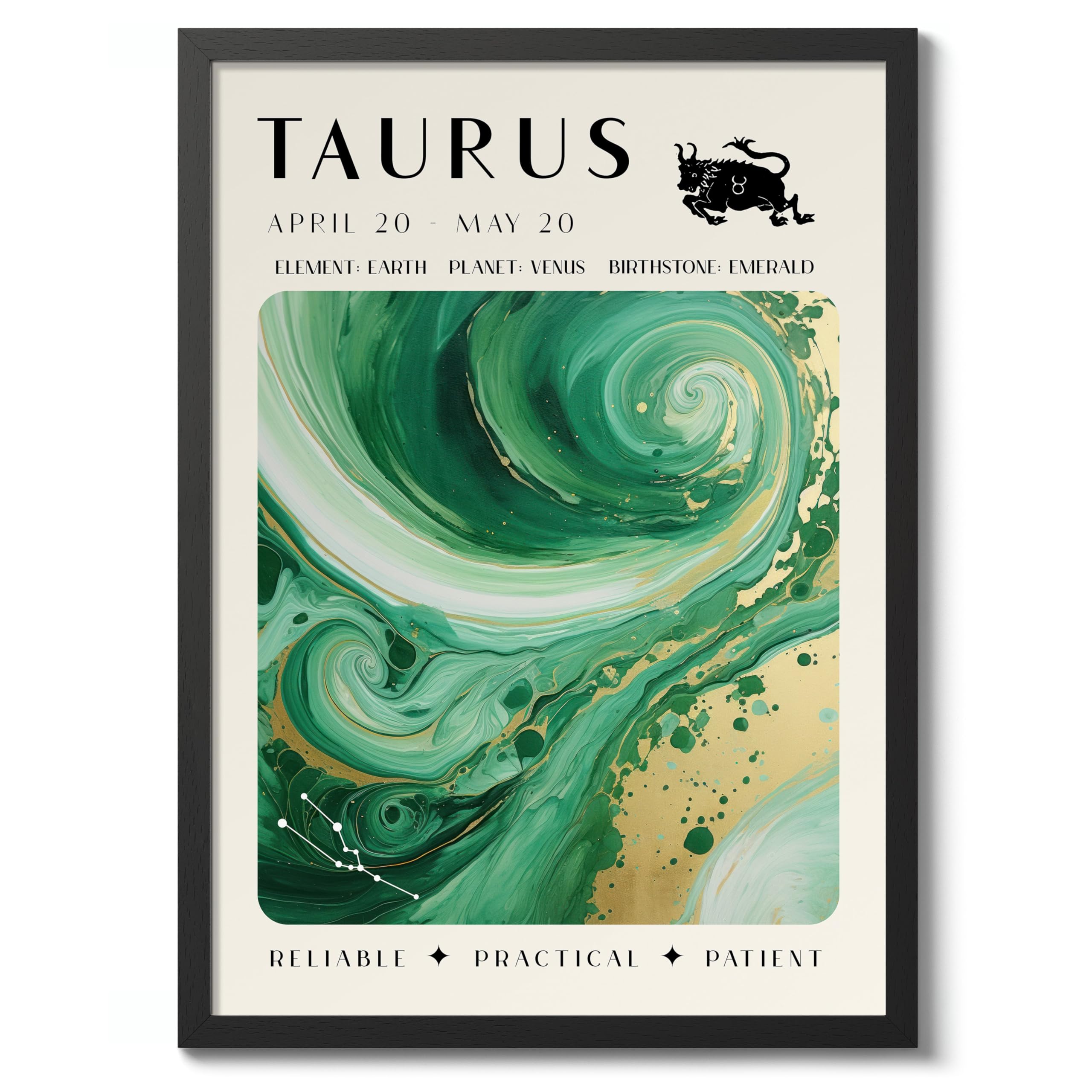 Taurus Astrology Poster, Zodiac Spiritual Print Room Decor Abstract Marble Astronomy Wall Art Print, Archival Matte, A5 (Black Frame) - 21x14.8cm