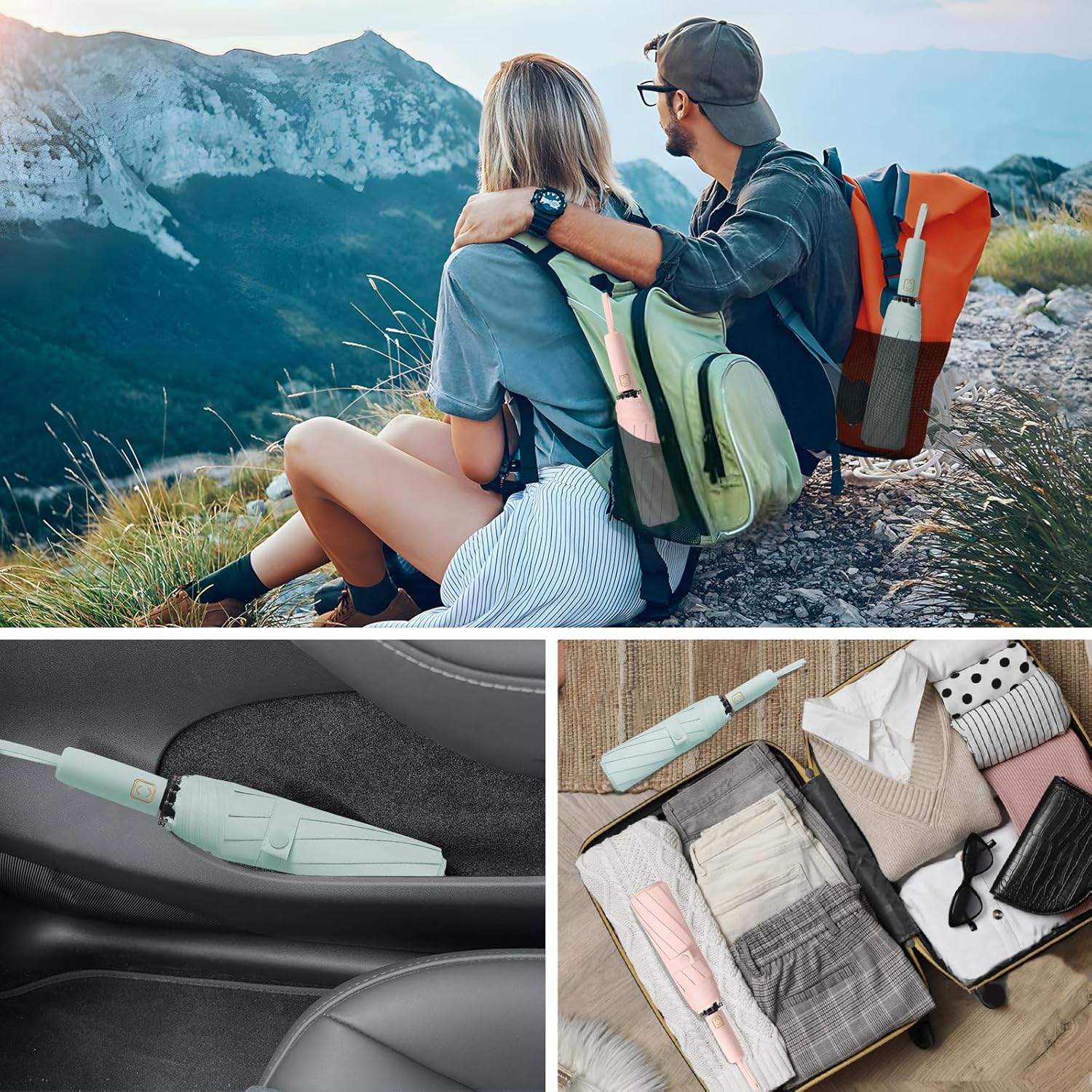 Fogkey 2-Pack Windproof, Waterproof, UV-Blocking Portable Travel Umbrella, Compact Sun & Rain Folding Umbrella, Double Rib Structure, Large Auto Open and Close Car Umbrella