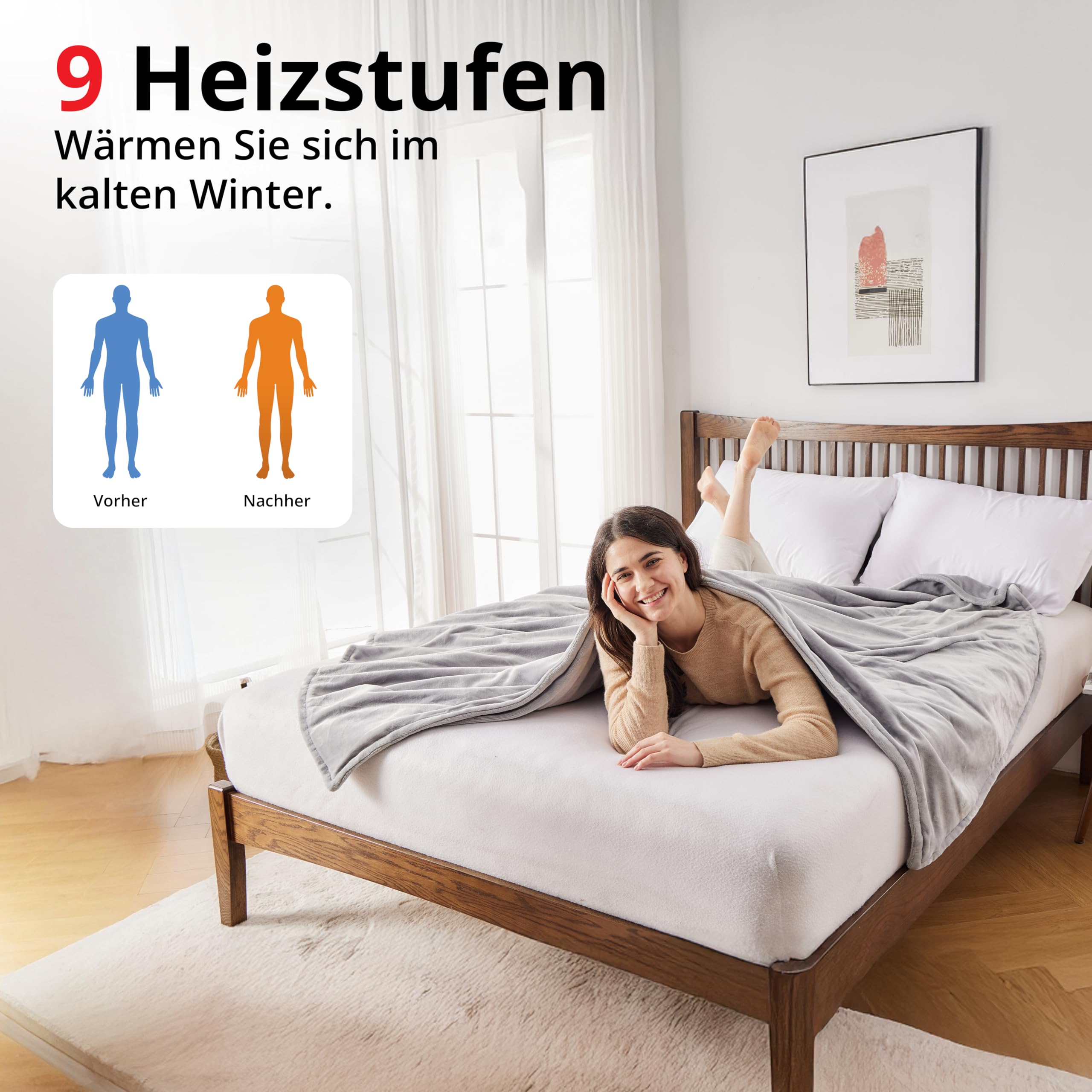 Grafner Heizdecke 200 x 180 cm Sherpa Fleece, elektrische Wärmedecke für 2 Personen, 9 Heizstufen, 200 Watt, Timer 1-9h, Abschaltautomatik, LED Fernbedienung, maschinenwaschbar, große Kuscheldecke