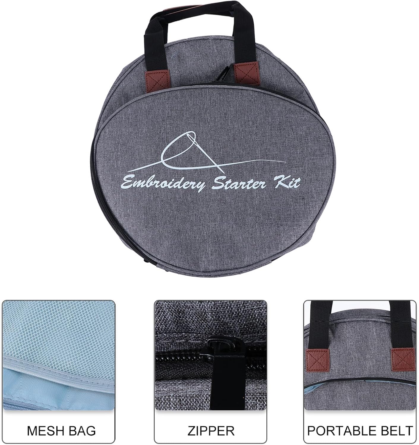 TEHAUX Embroidery Tool Tote Bag and Storage Bag for Embroidery Kits, Grey Portable Organizer with Multiple Pockets, Suitable for Cross Stitch and Craft Project Carrying