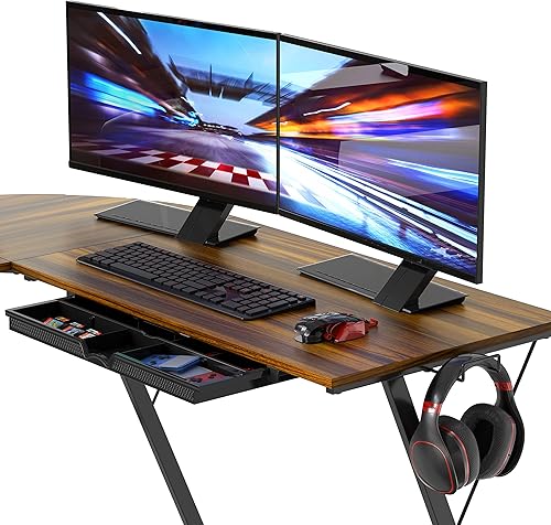 Miniatura 5 de SHW Vista - Escritorio en forma de L con soporte para monitor, nogal Nogal,Negro,Marrón (Rustic Brown),Blanco,https://www.amazon.com/dp/undefined