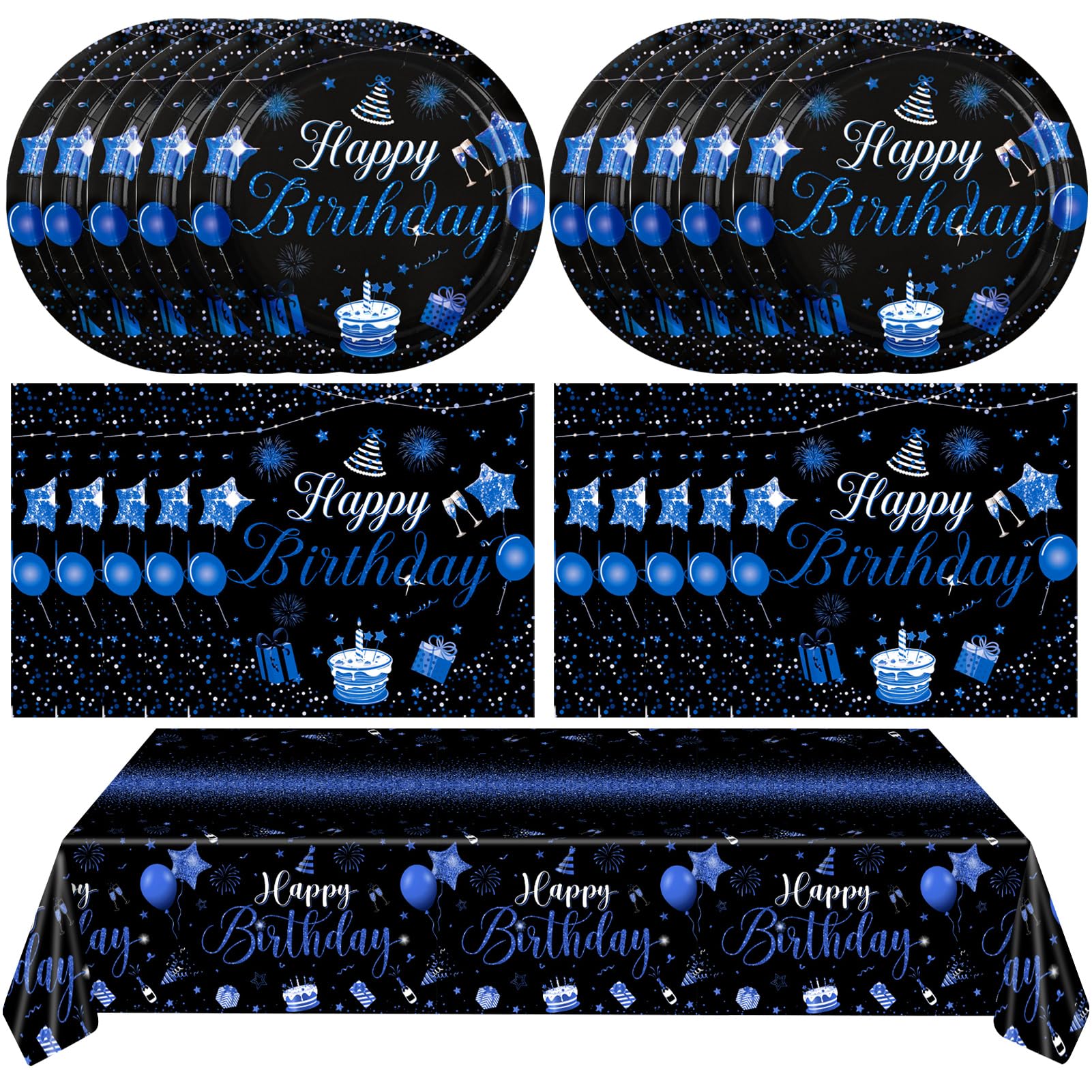 Blue and Black Happy Birthday Party Decorations Happy Birthday Party Supplies Includes Disposable Paper Birthday Plates and Napkins Tablecloth for 13th 16th 18th 20th 30th 40th 50th 60th 70th 80th