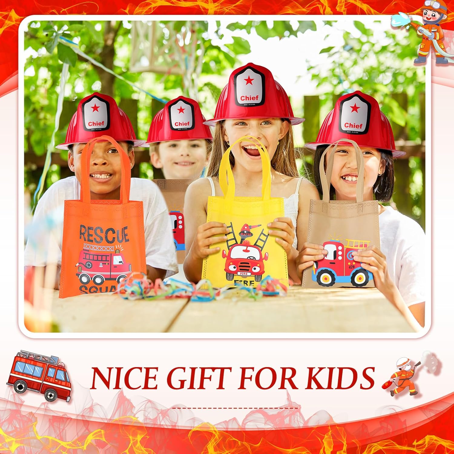 Firefighter Party Supplies for Boys Including Fire Truck Toy Helmets Nonwoven Bag Mini Firemen Squirter Straw Sticker Keychain for Fireman Birthday Party Supplies Gift (12 Sets) - Image 7