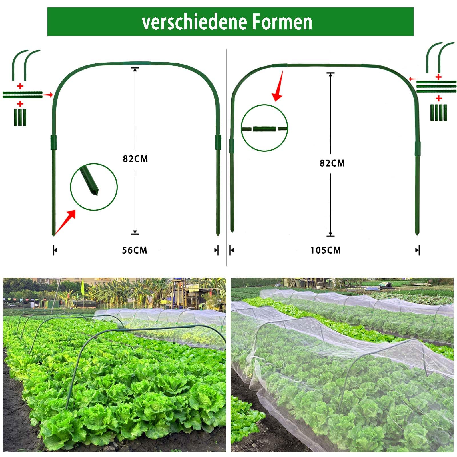 8 Sets 82x105cm Gartenbögen für Netze mit 24 Clips,Rostfreie,Abnehmbare Pfähle,Anzuchttunnelbogen für Gewächshausbögen,Gartennetzrahmen,PflanzeNstützrahmen für Grünpflanzen Gemüse