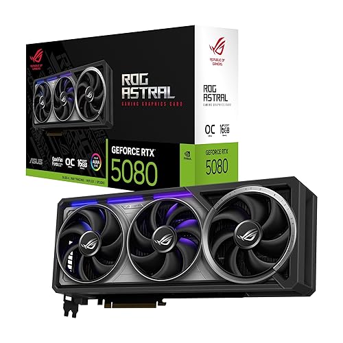 ROG Astral GeForce RTX 5080 16GB GDDR7 OC Gaming Graphics Card (PCIe 5.0, 2xHDMI, 3xDisplay Port, Four Fans, Patented Cooling Tech for Lower Temps & Noise, NVIDIA Ray Tracing, 4K Ultra Gaming, ARGB) - RTX 5080 ROG ASTRAL OC