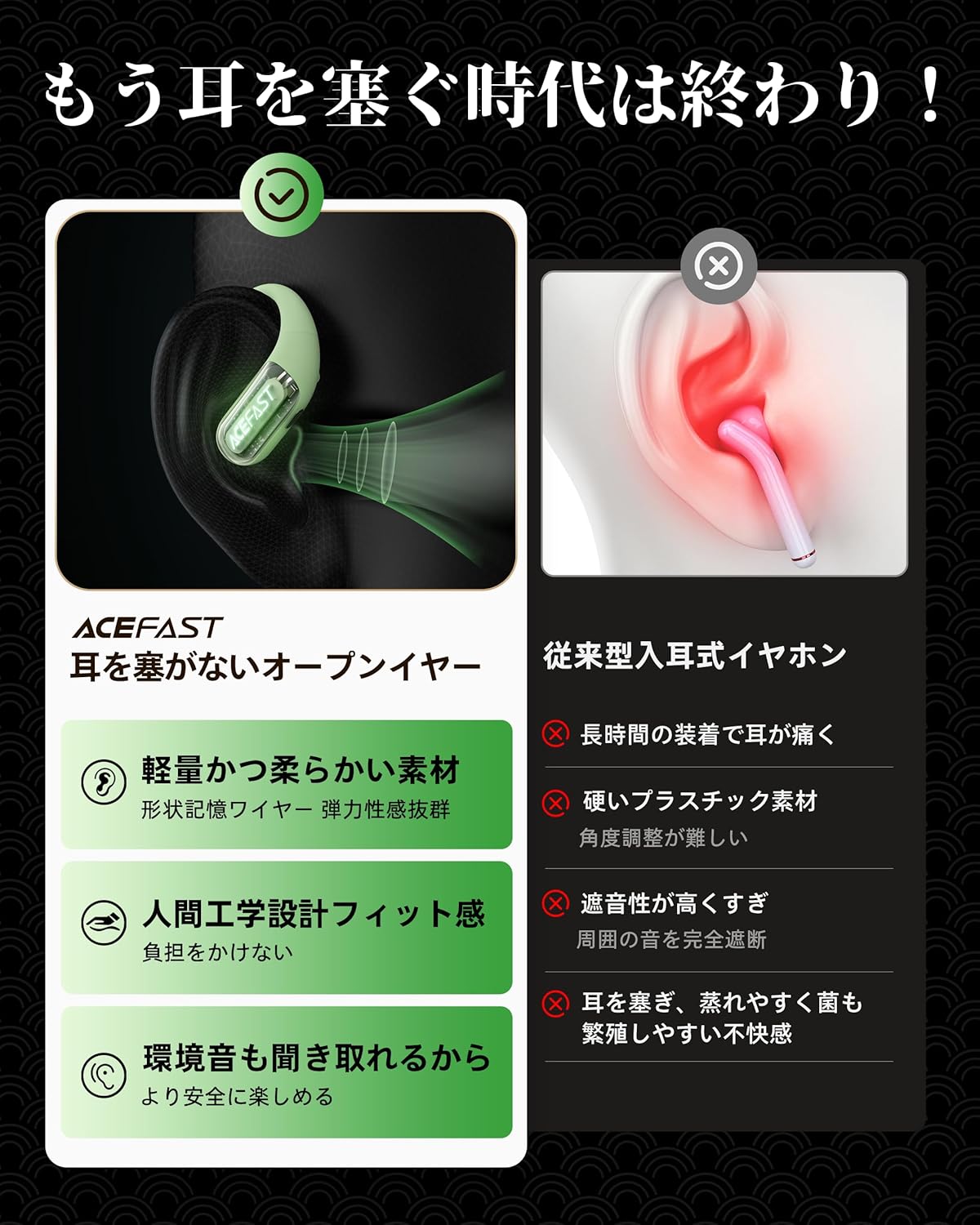 iFデザイン賞殿堂入り!!】ACEFAST オープンイヤー イヤホン LED雰囲気