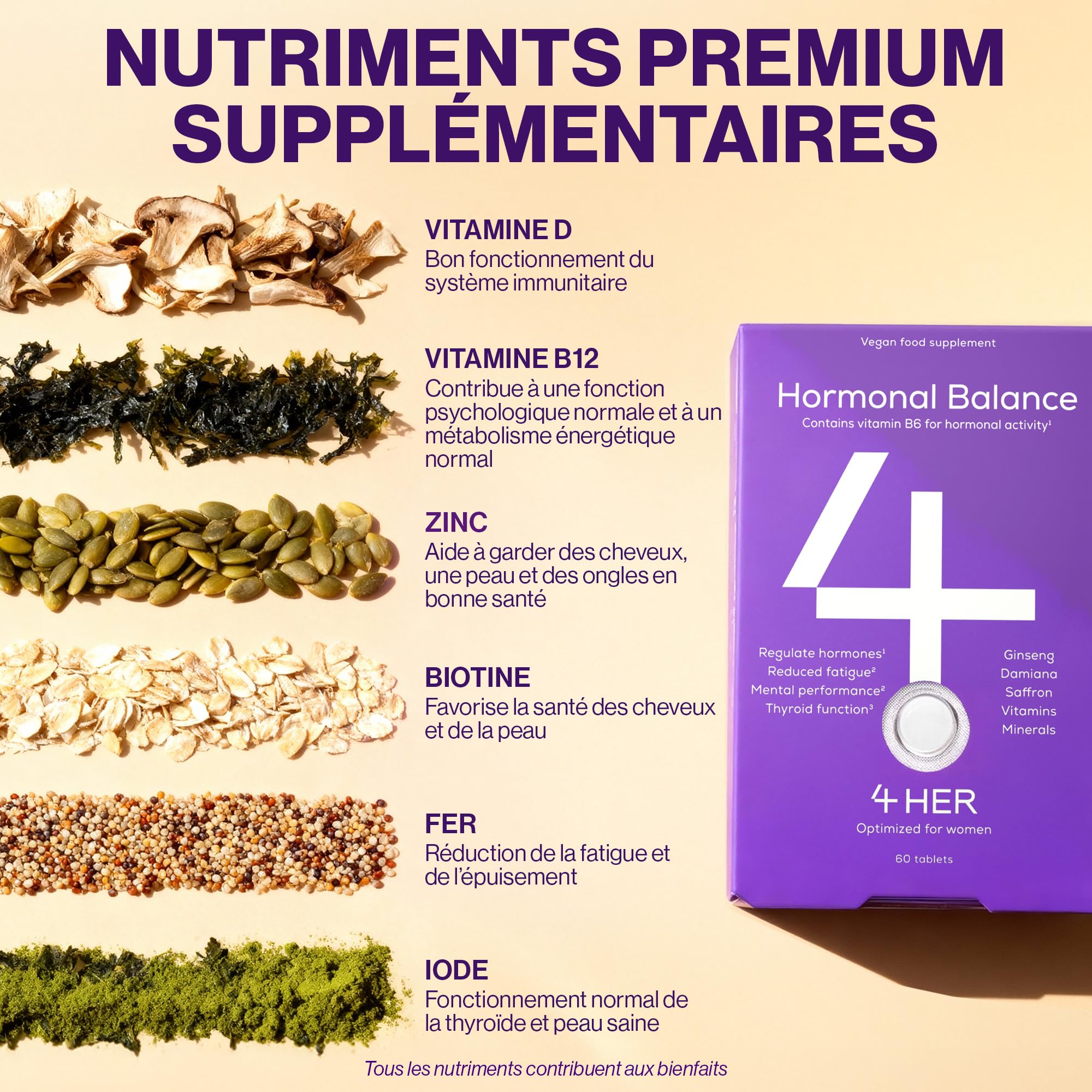 4 HER Périménopause Compléments et Vitamines Femme – Équilibre Hormonal, Safran et Ginseng – avec Vitamine B6 pour Fatigue & Activité Hormonale – 60 Comprimés Vegan (Cure 1 Mois) – GMP Certifié