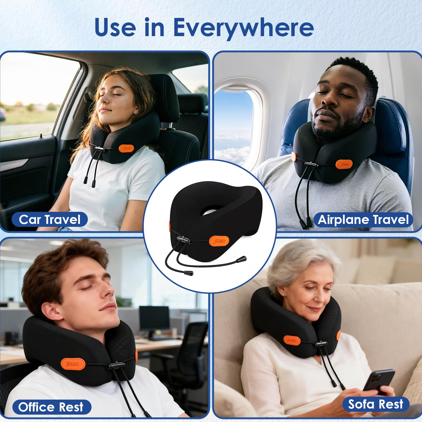 jiaao Travel Pillow - Cuscino cervicale in memory foam per aerei, con collare regolabile, include occhiali per dormire, tappi per le orecchie e custodia per riporre oggetti, ideale per viaggi in aereo