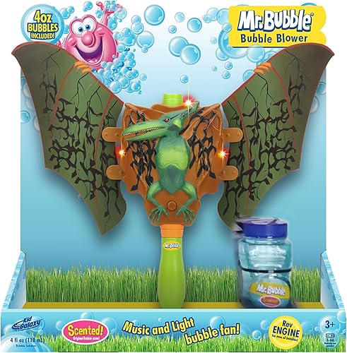 Mr. Bubble - Soplador musical de burbujas de dinosaurio motorizado sin parar, con solución de burbujas premium de 4 onzas para niños a partir de 3
