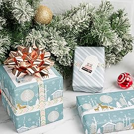 WRAPAHOLIC 30 Inch Jumbo Reversible Christmas Wrapping Paper - 30 Inch x 100 Feet Jumbo Roll Blue and White Reindeer Holiday Landscape and Stripe Design for Christmas, Holiday, Party