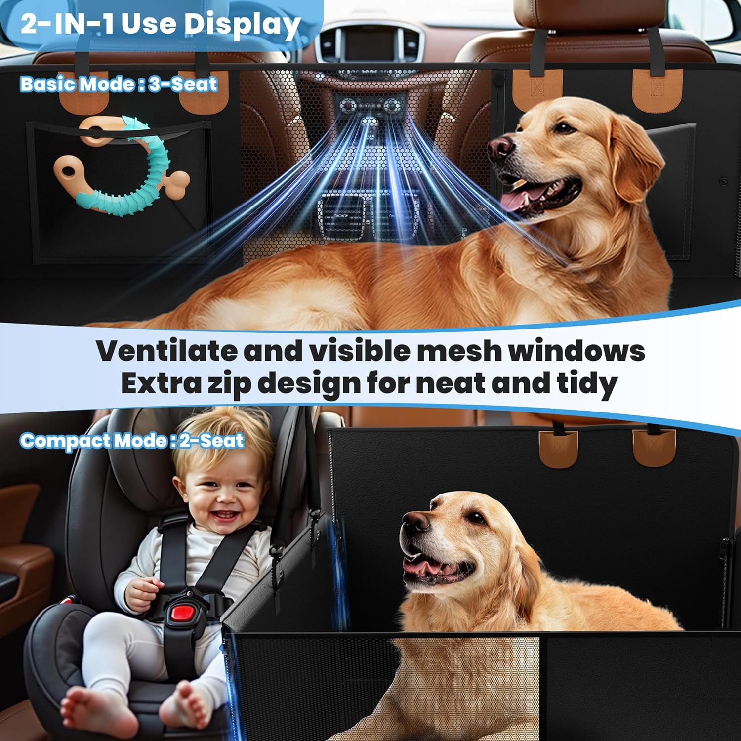 Dog Car Seat Cover, Waterproof Backseat Extender with Hard Bottom & Storage Pocket, 3 or 2 Seats Available, Dog Car Hammock Backseat Protector for Cars, SUV, Truck - Holds 400lbs