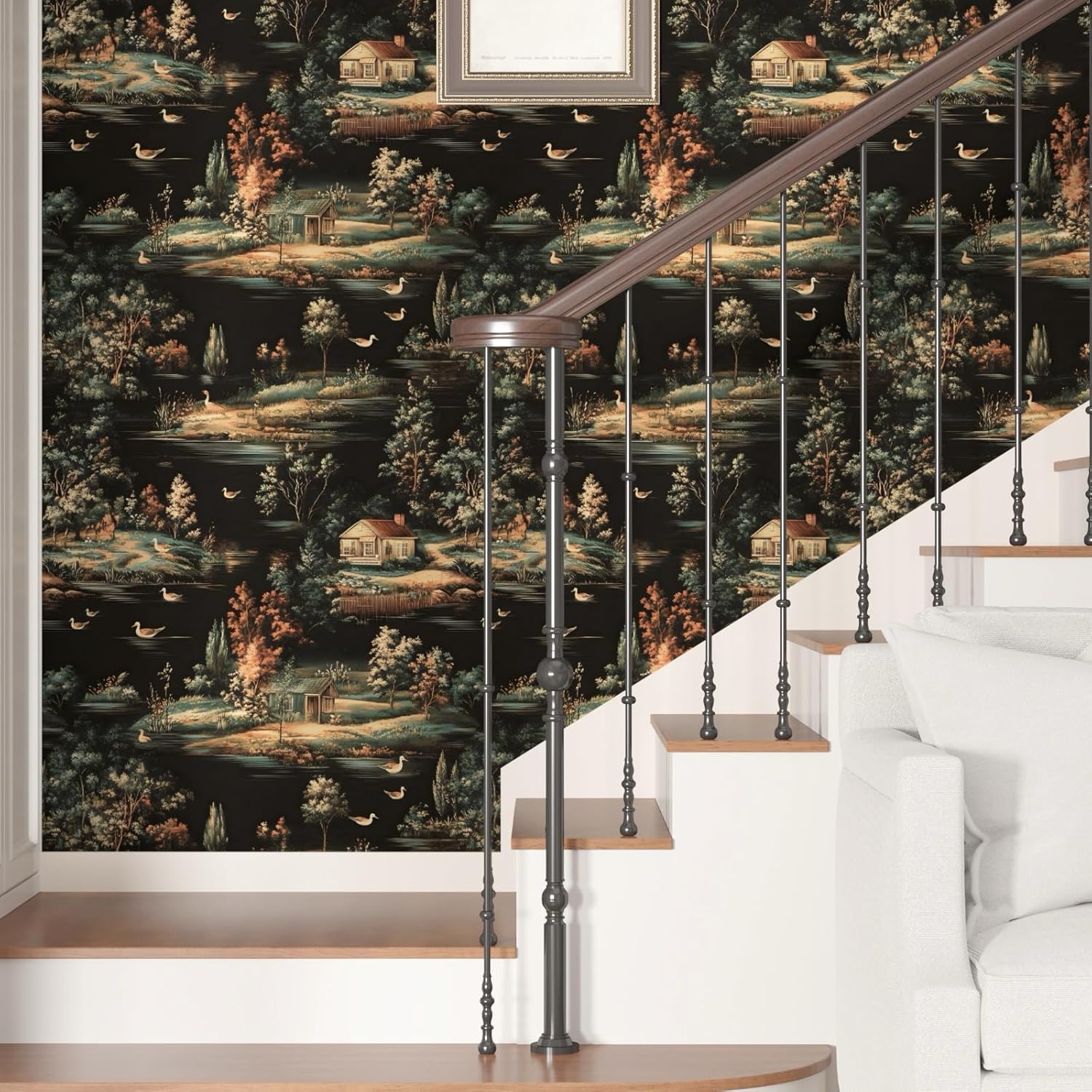 Extra Long Vintage Forest Wallpaper Peel and Stick Moody Woodland Contact Paper Tree Village Boho Wall Paper for Bedroom Bathroom Closet Accent Wall Removable 17.5 x 393.5In