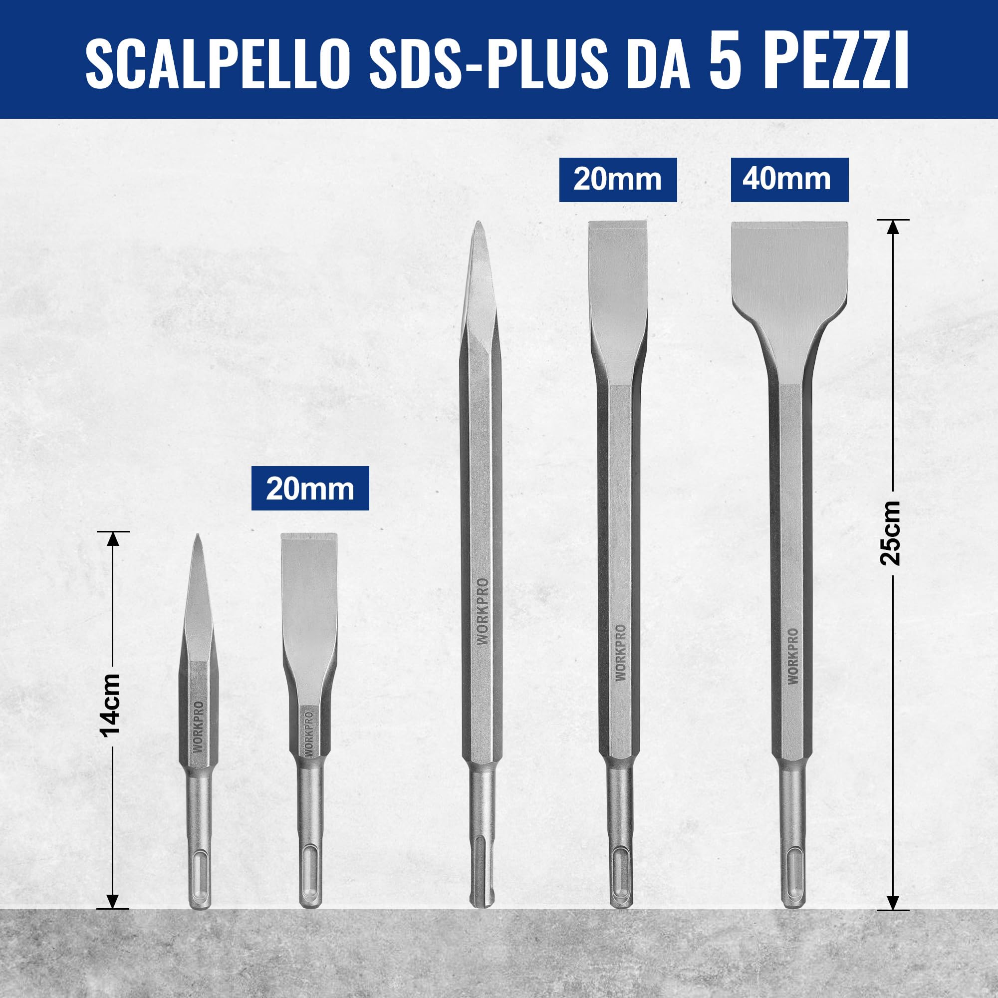 WORKPRO Set di Punte e Scalpelli SDS Plus da 17 Pezzi, Accessori per Trapano a Percussione, con Custodia, per Calcestruzzo, Piastrelle, Mattoni, Cemento, Pietra e Muratura